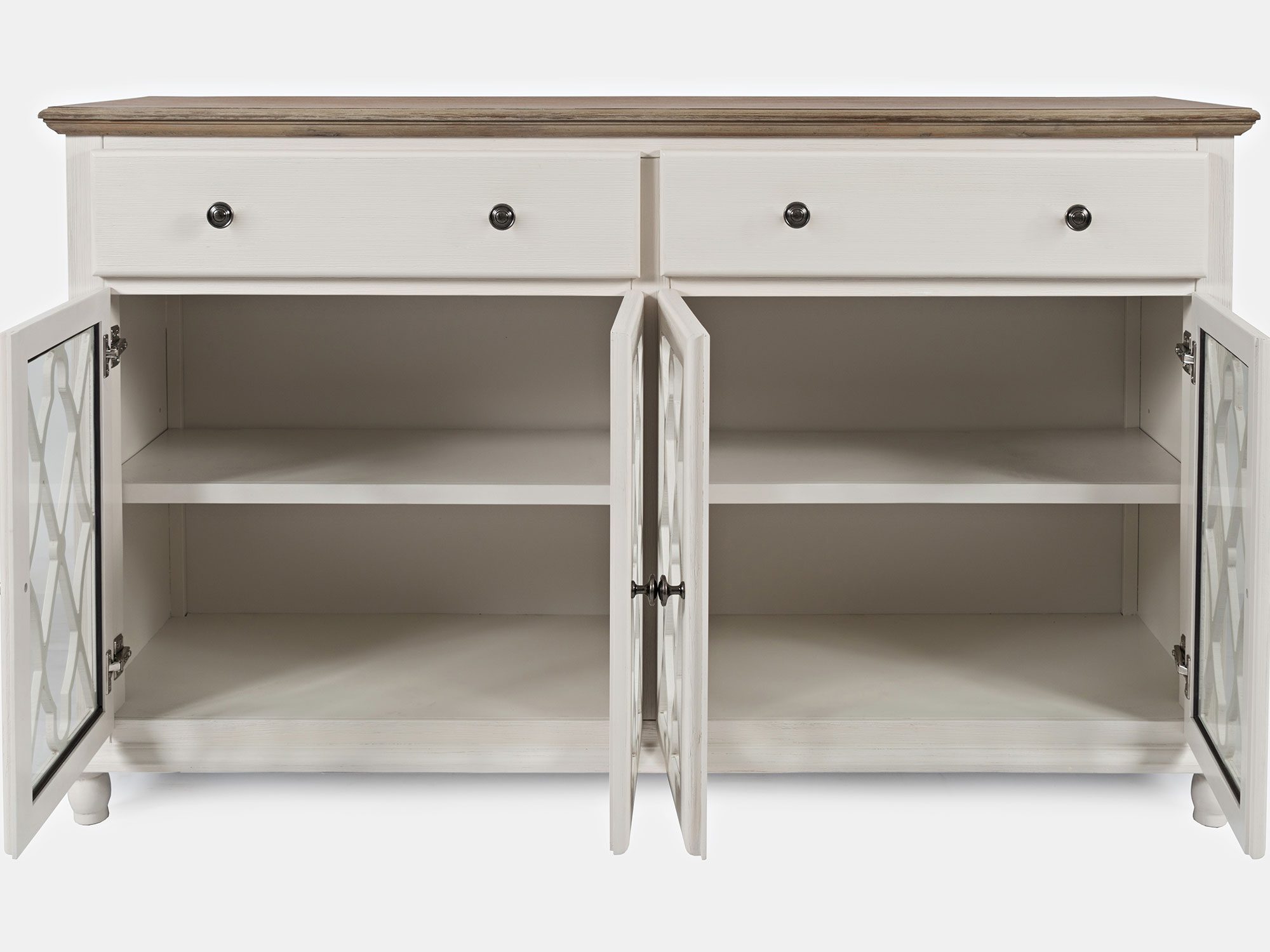 Biała komoda z dekoracyjnymi frontami i drewnianym blatem do stylowych wnętrz