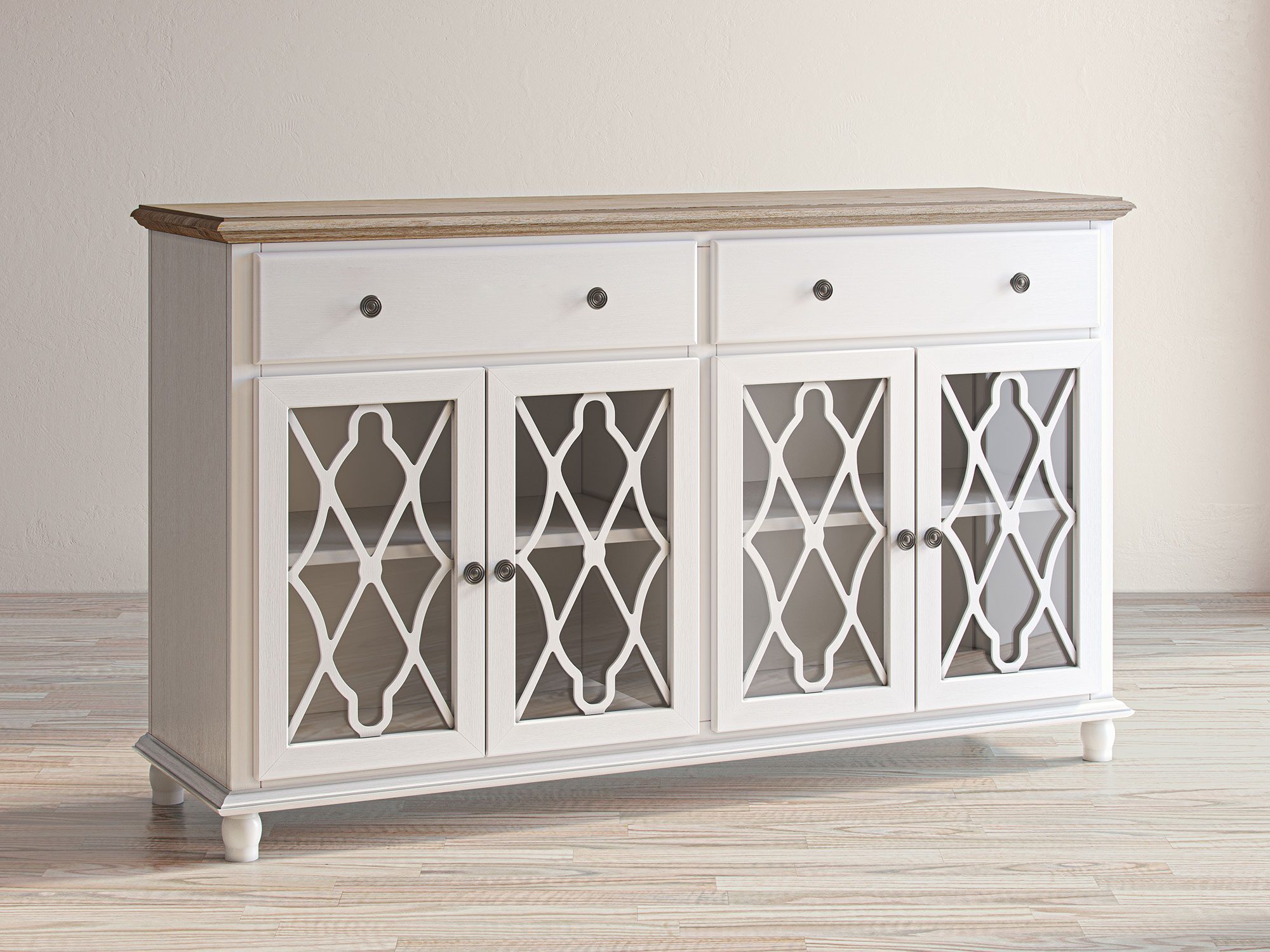 Detal białego frontu z dekoracyjnymi przetłoczeniami