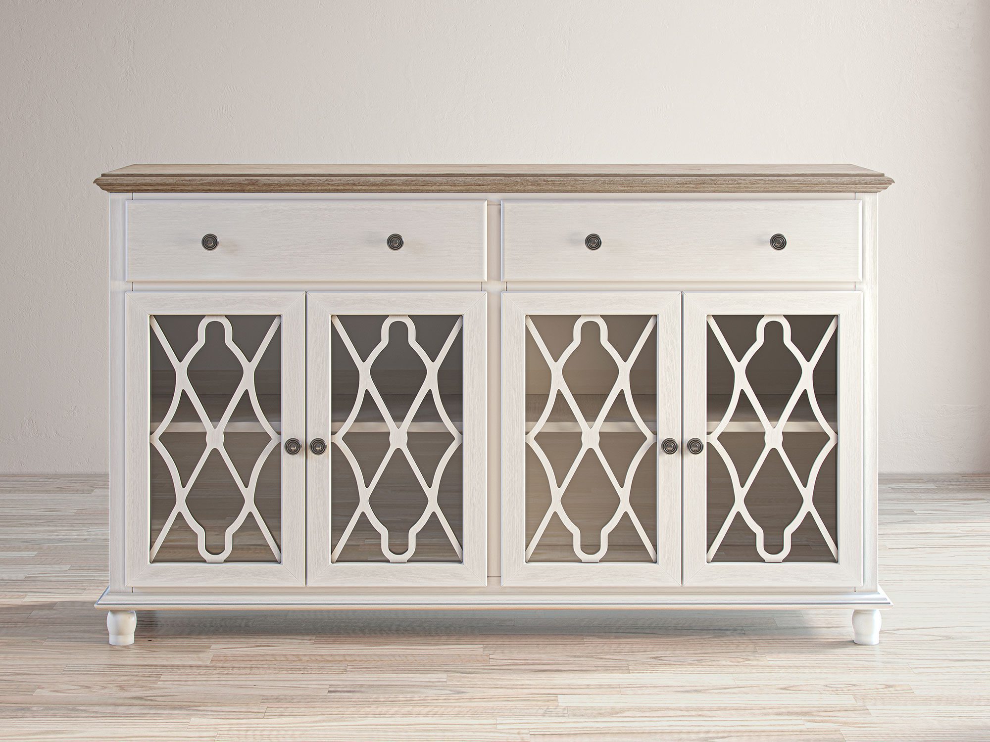 Komoda z szufladami i przeszklonymi drzwiami w stylu vintage