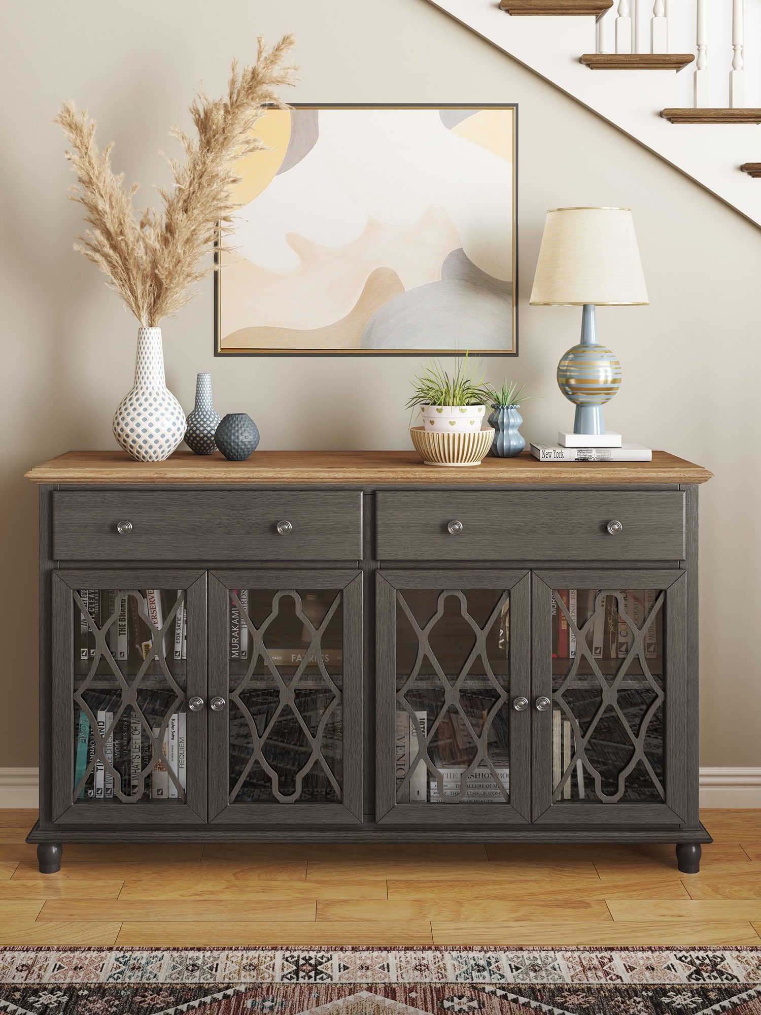 Komoda brązowoszara z przeszklonymi drzwiami