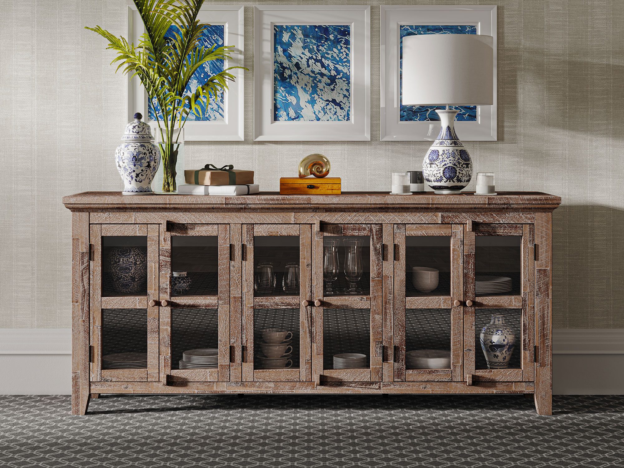 Stylowa komoda z rzeźbionymi frontami i metalowymi uchwytami