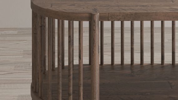 Miniaturka 4 - Drewniany regał z pionowymi szczebelkami i otwartymi półkami