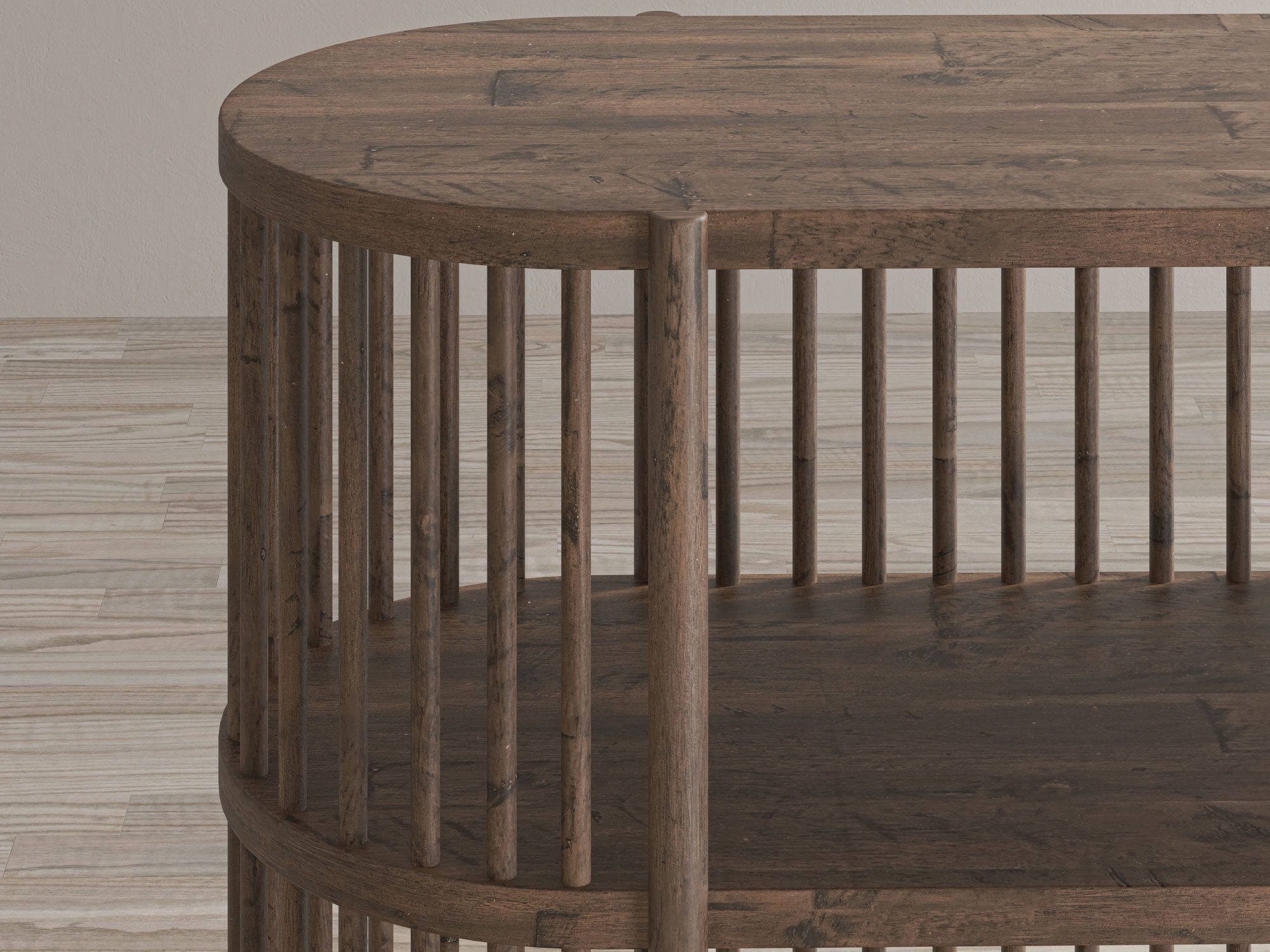 Drewniany regał z pionowymi szczebelkami i otwartymi półkami Drewniany regał z pionowymi szczebelkami i otwartymi półkami