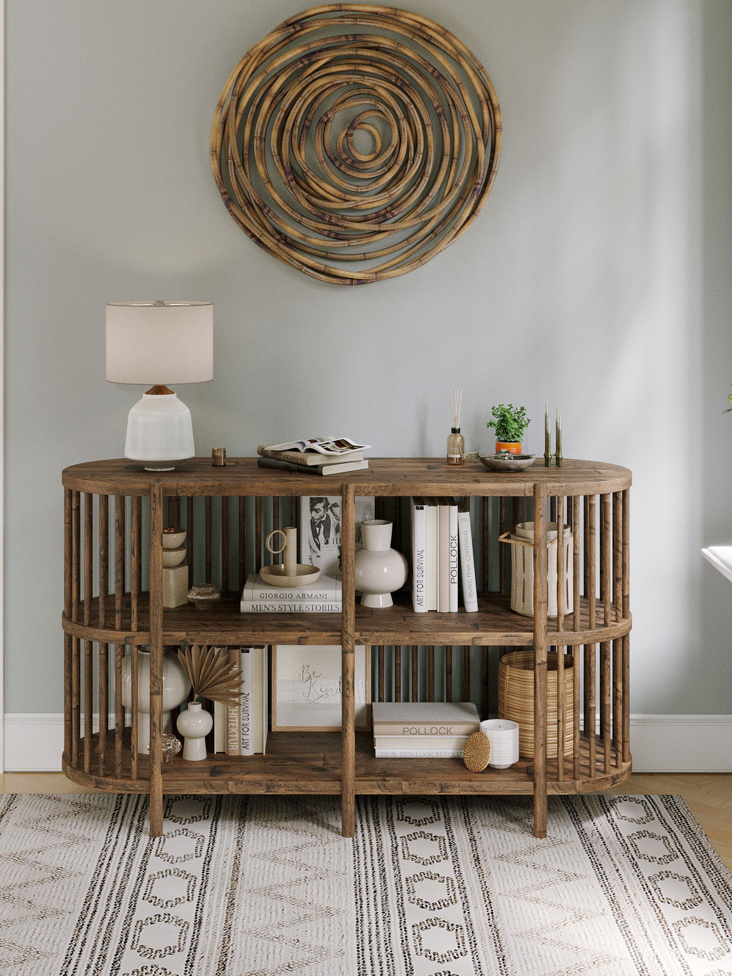 Regał w stylu loft z pionowymi szczebelkami i otwartymi półkami Regał w stylu loft z pionowymi szczebelkami i otwartymi półkami