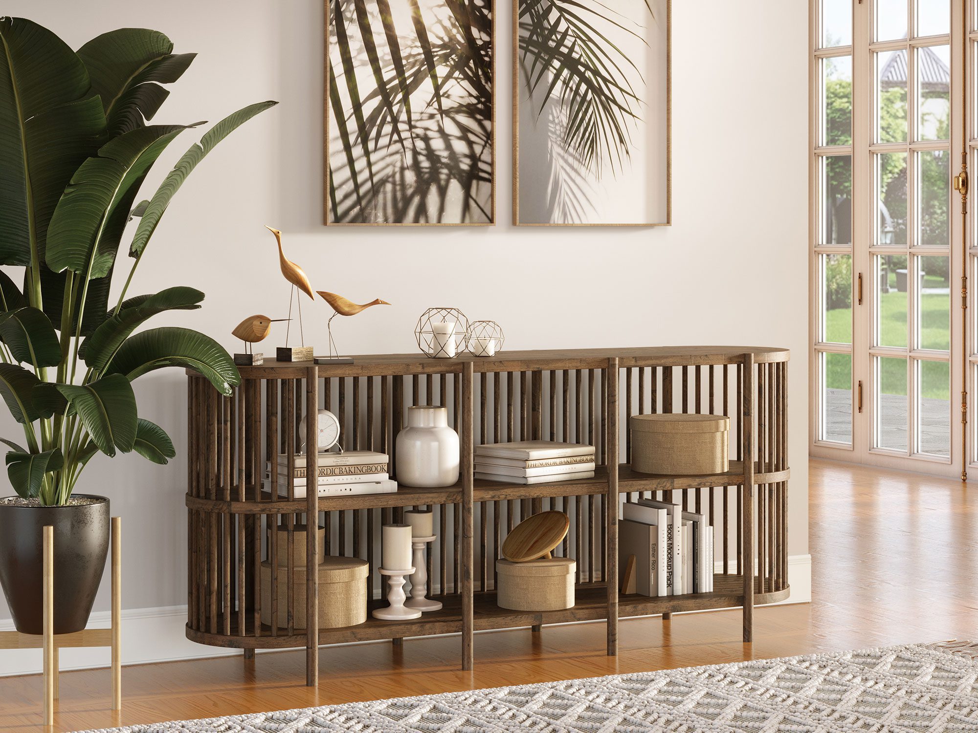 Regał w stylu loft z otwartymi półkami i pionowymi szczebelkami Regał w stylu loft z otwartymi półkami i pionowymi szczebelkami