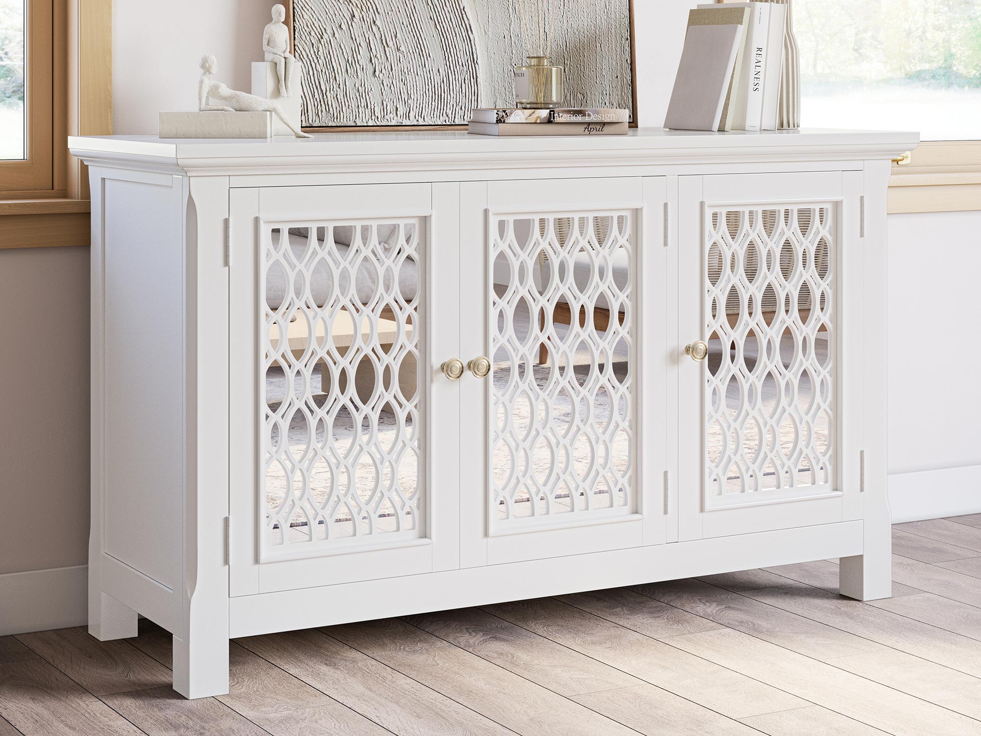 Designerska komoda z białym frontami w geometryczne wzory