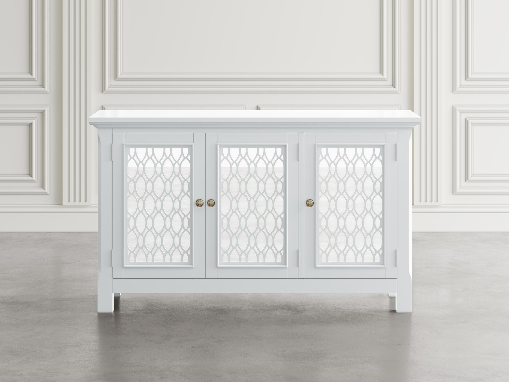 Lustrzana biała komoda z dekoracyjnymi frontami