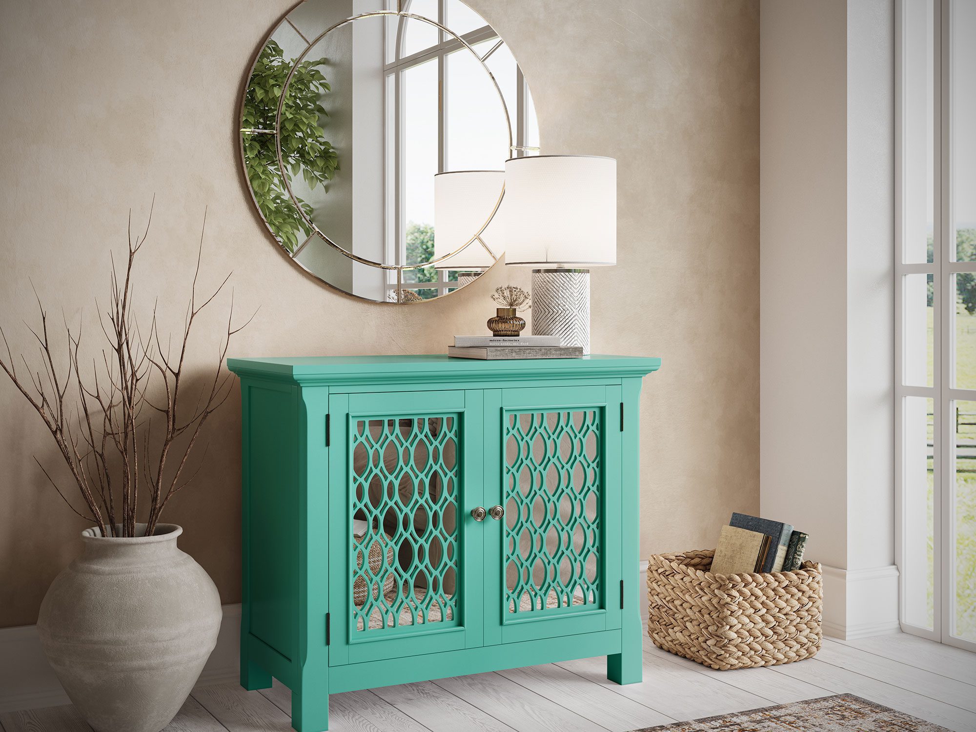 Zielona komoda z ozdobnymi frontami do stylowych wnętrz