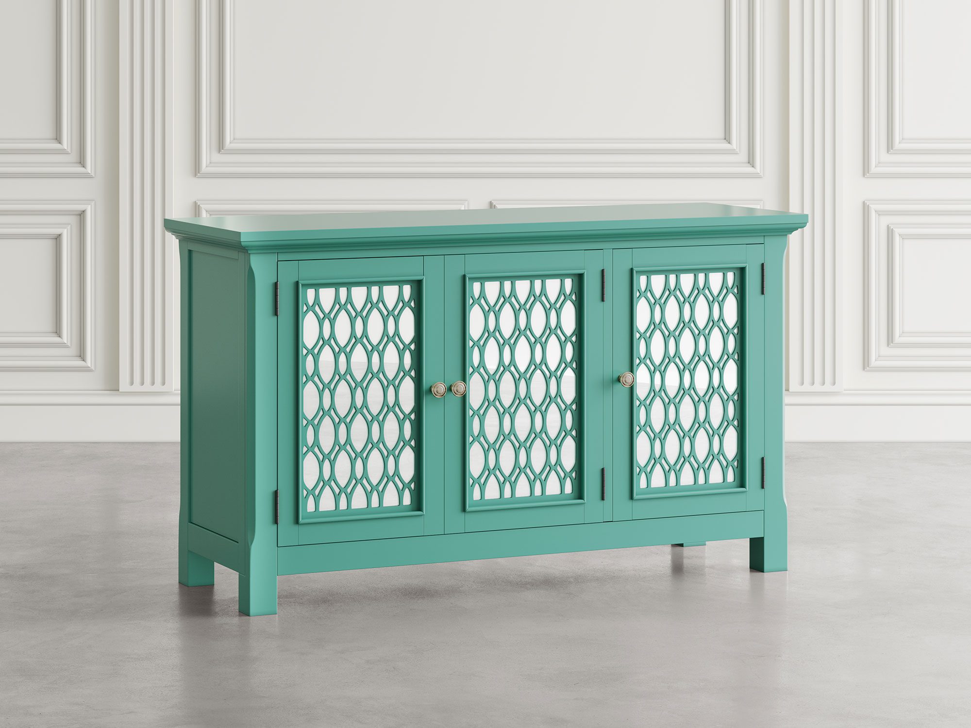 Stylowa zielona komoda z ażurowymi drzwiami i klasycznym designem