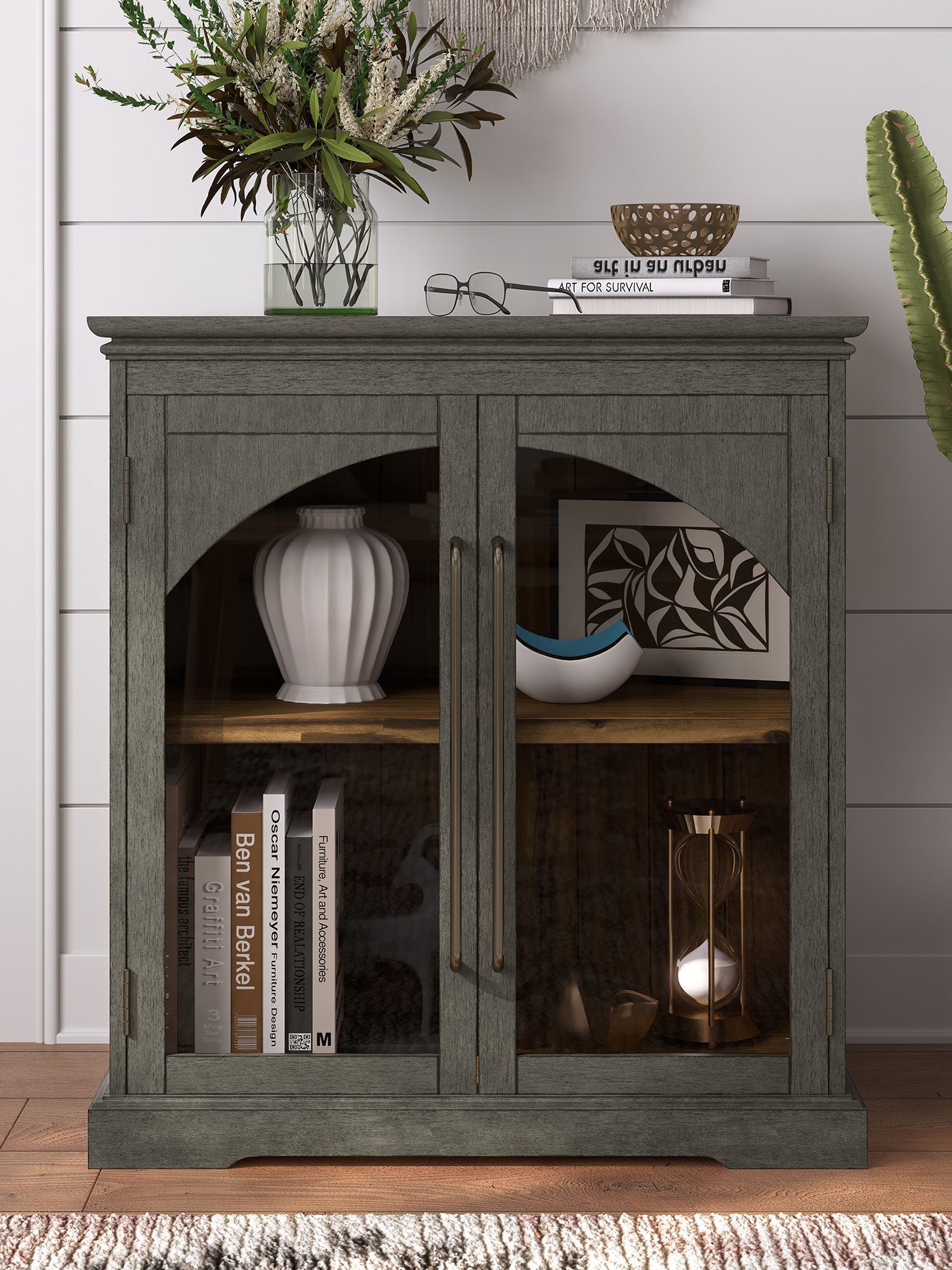 Nowoczesna witryna z drewnianymi półkami i metalowymi detalami