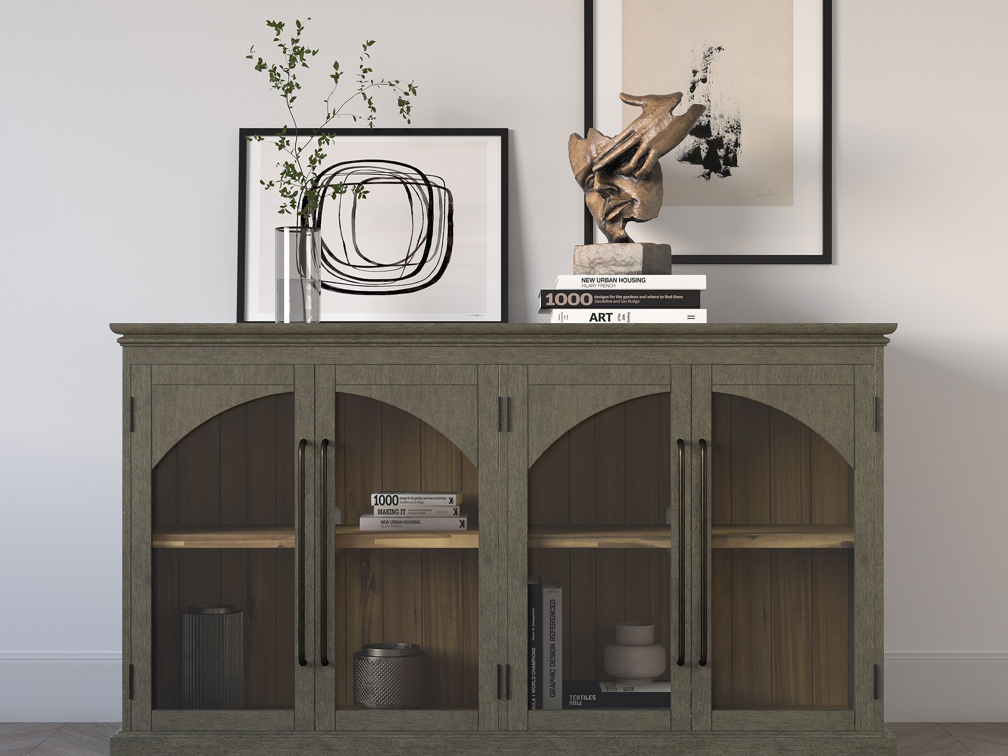 Drewniana witryna w stylu industrialnym z czarnymi detalami