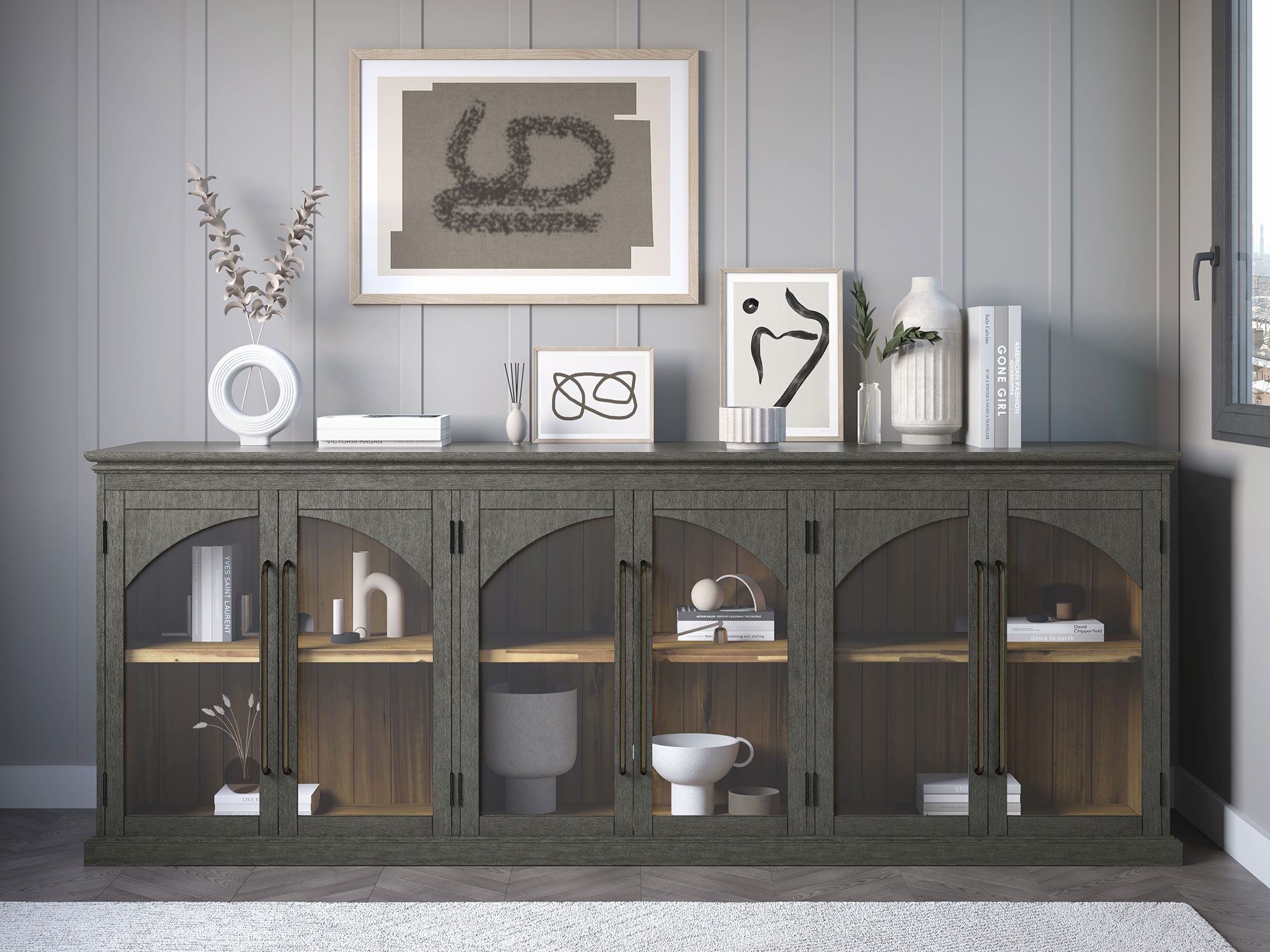 Drewniana witryna w stylu loft z przeszklonymi drzwiami