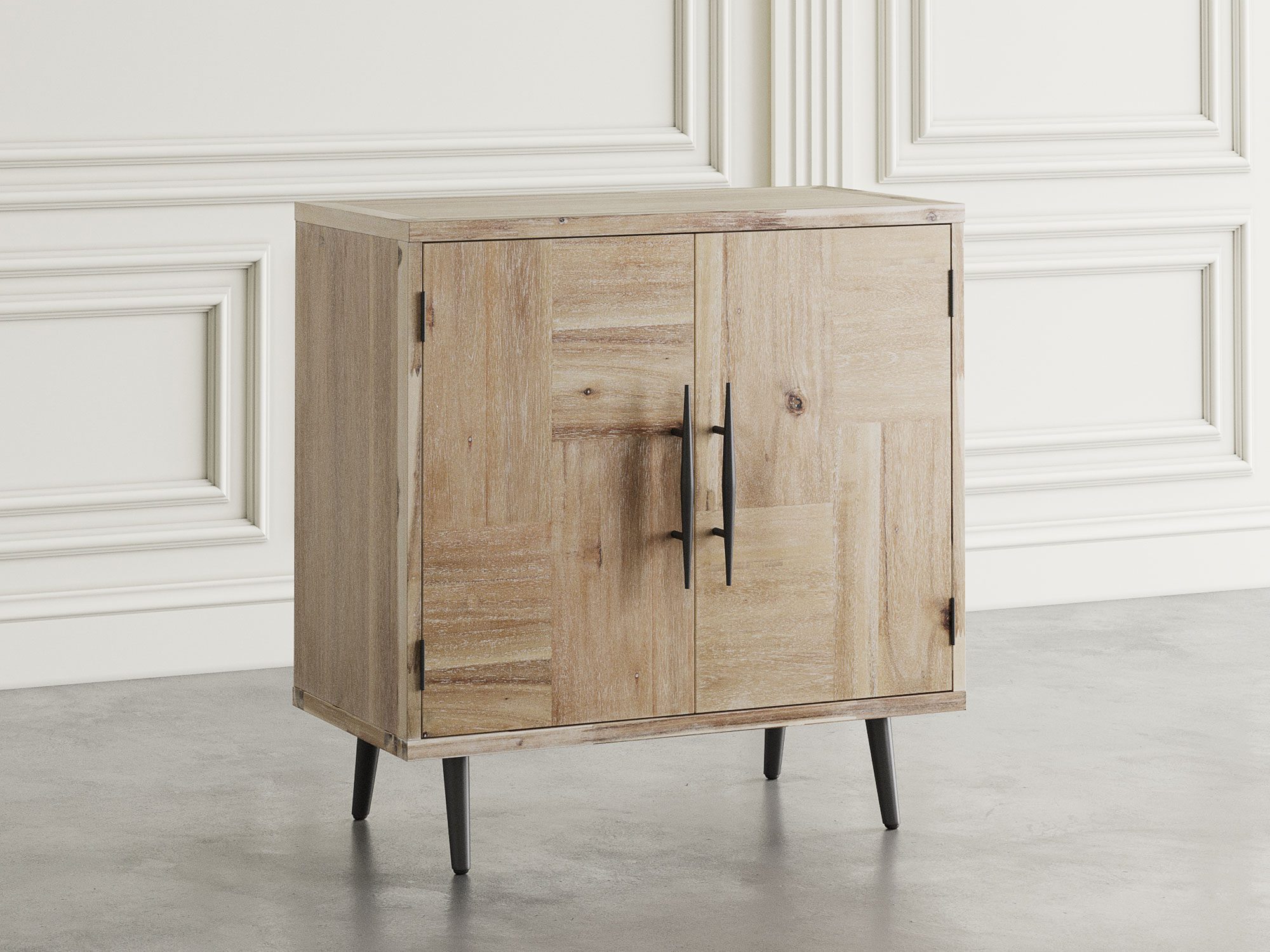 Drewniana komoda z metalowymi nogami do nowoczesnego salonu