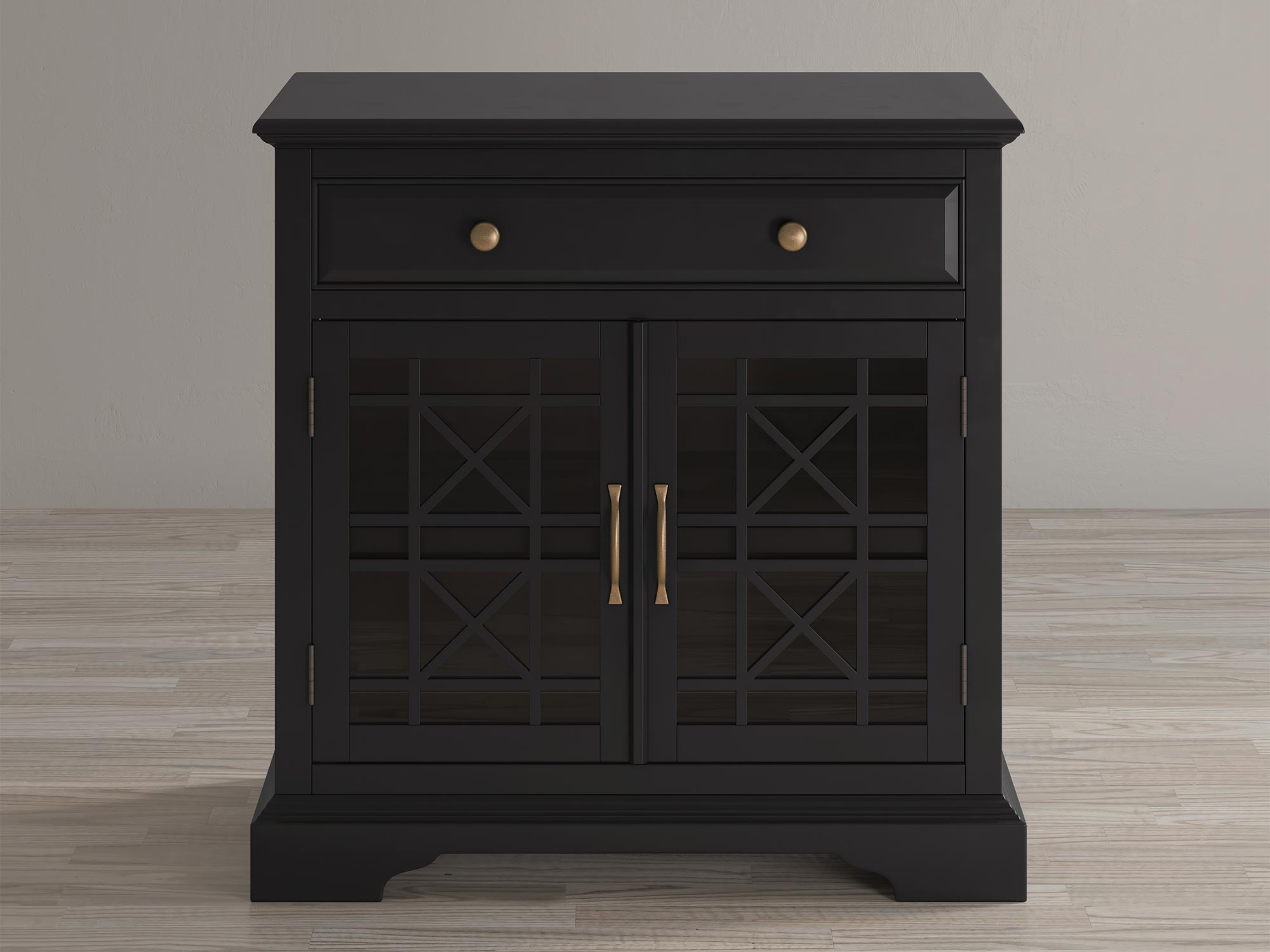 Czarna drewniana komoda z przeszklonymi drzwiami i szufladą w stylu vintage
