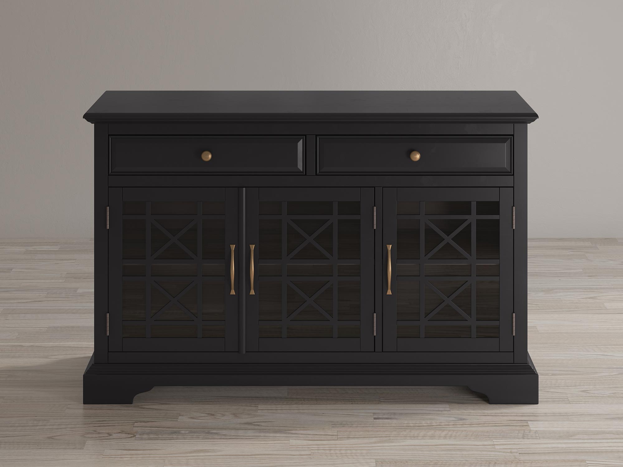 Drewniana komoda z przeszklonymi drzwiami i szufladami w stylu klasycznym kolor czarny