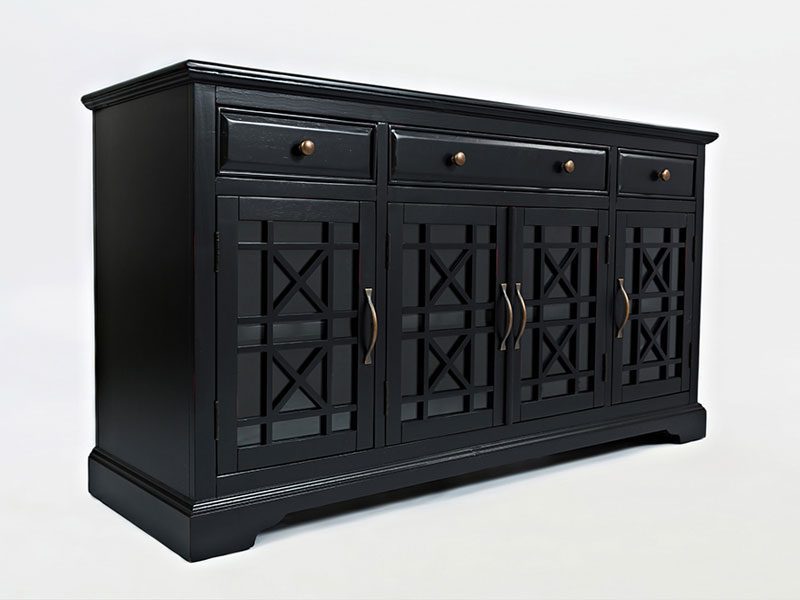 Drewniana komoda z trzema szufladami i przeszklonymi drzwiami w stylu klasycznym kolor czarny
