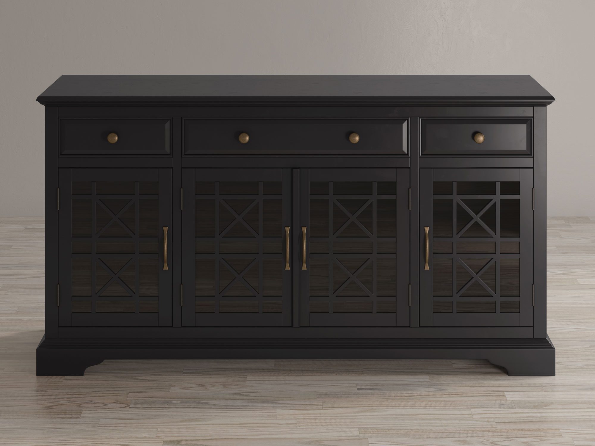 Czarna drewniana komoda z przeszklonymi frontami w stylu klasycznym kolor czarny