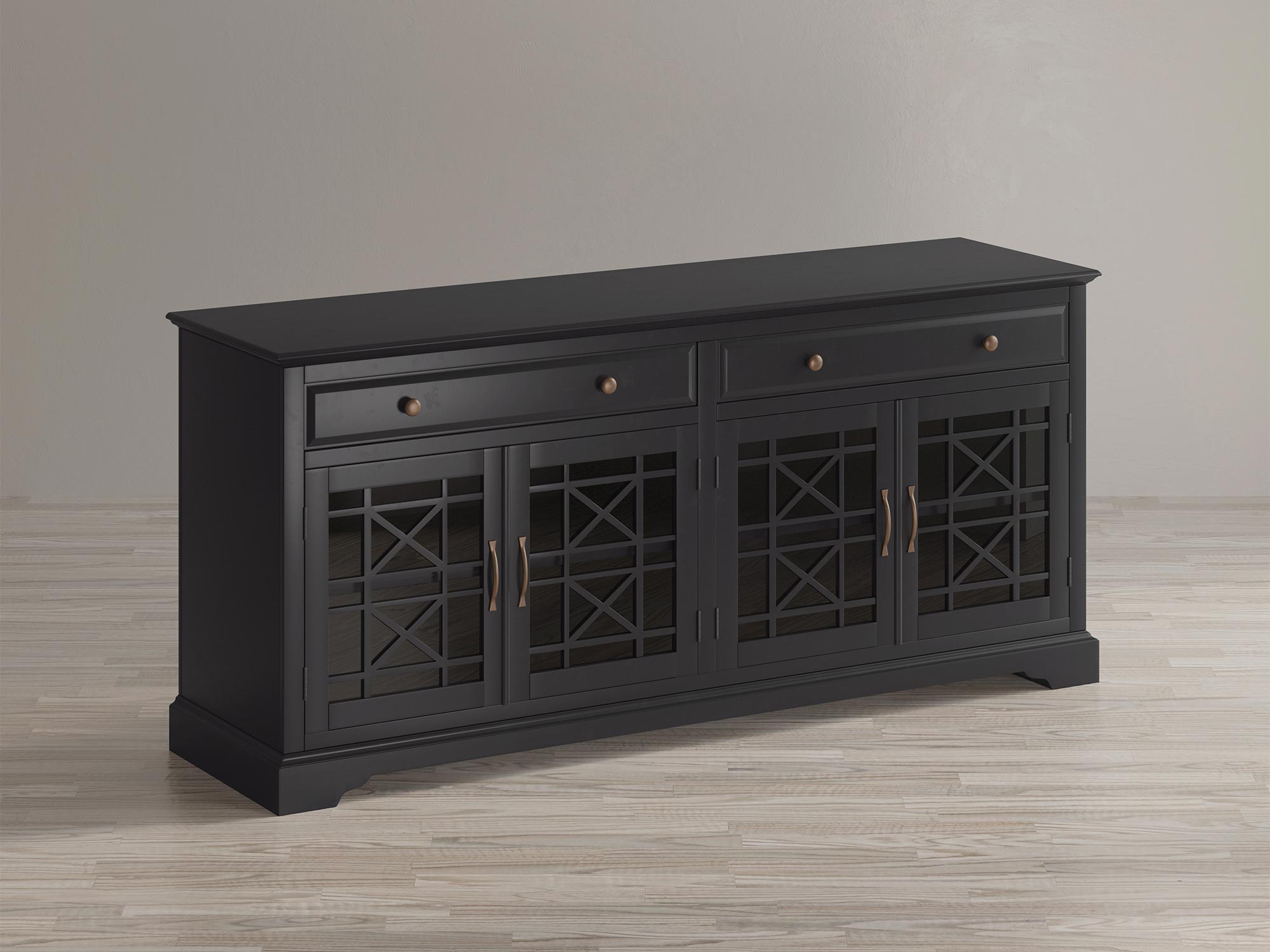 Stylowa czarna komoda z ażurowymi drzwiczkami do salonu