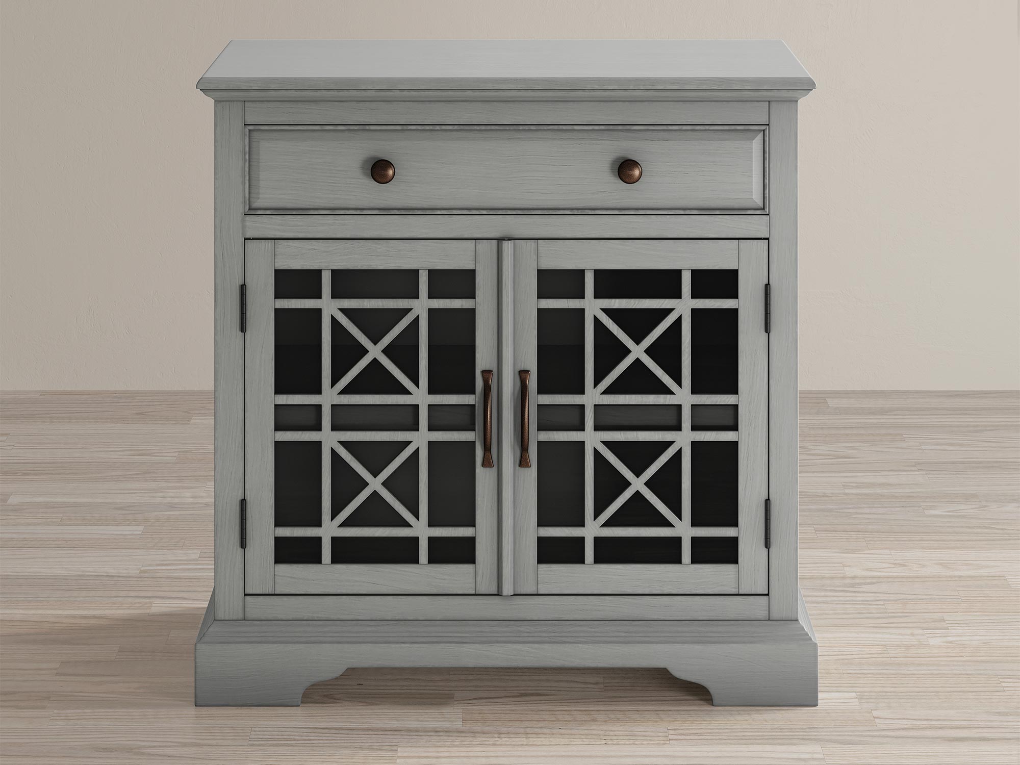 Drewniana komoda z przeszklonymi drzwiami w stylu klasycznym kolor szary