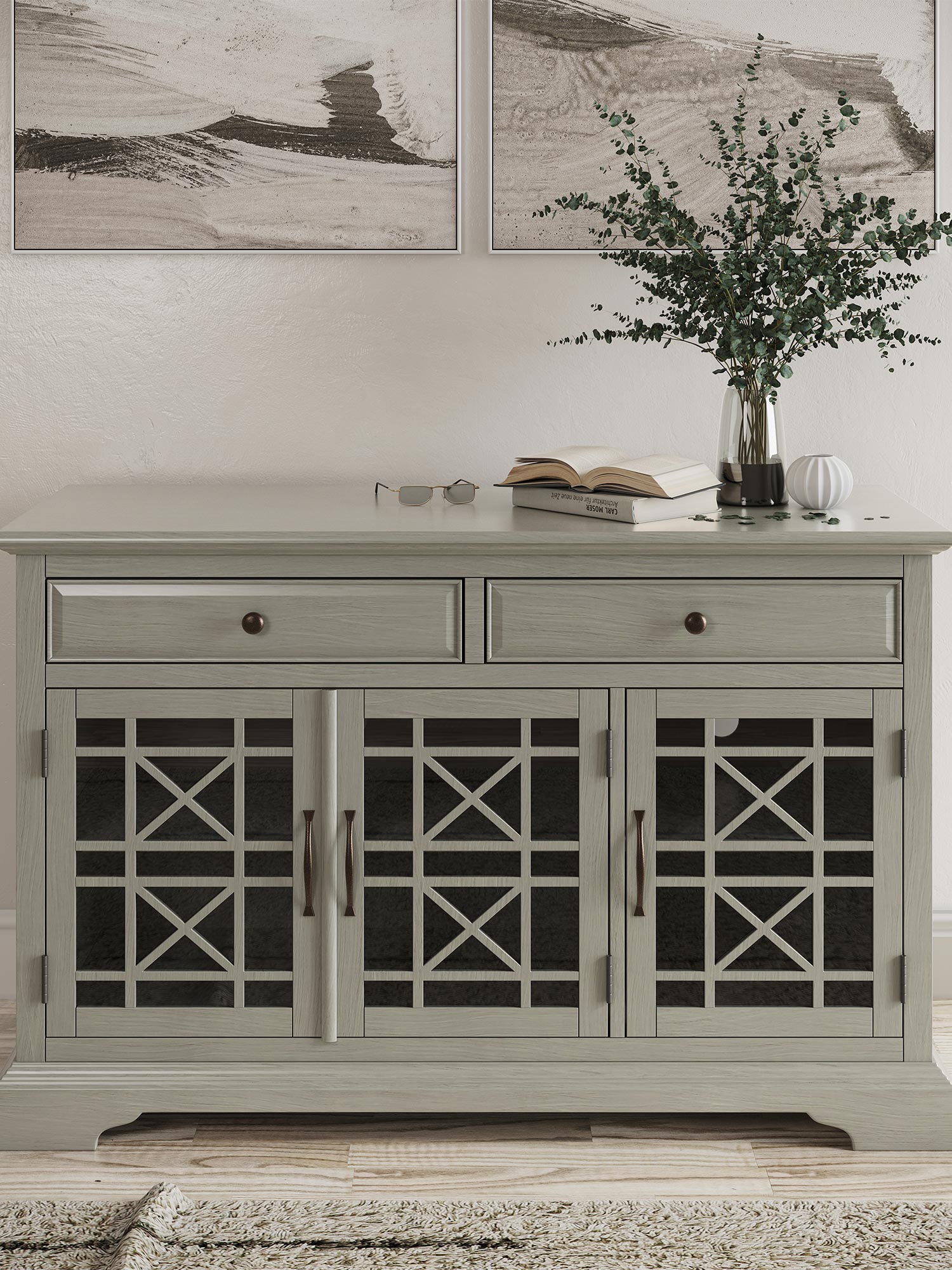 Drewniana komoda z trzema szufladami i przeszklonymi frontami w stylu klasycznym kolor szary