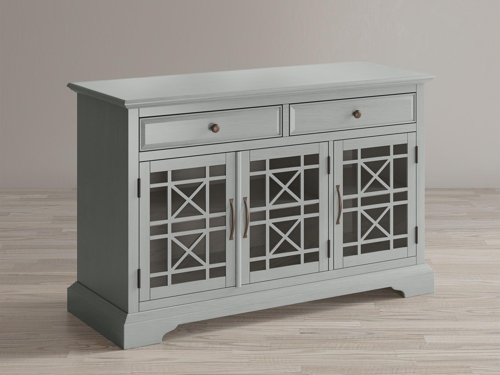 Szara drewniana komoda z trzema szufladami i przeszklonymi drzwiami w stylu klasycznym