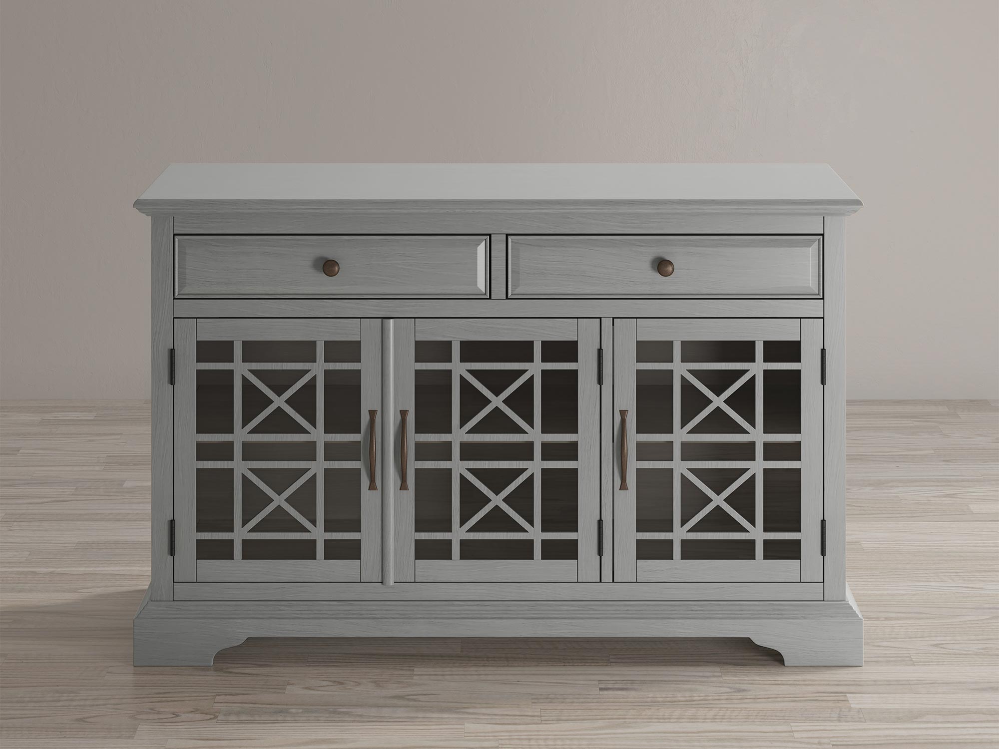 Drewniana komoda z trzema szufladami i przeszklonymi drzwiami w stylu klasycznym kolor szary