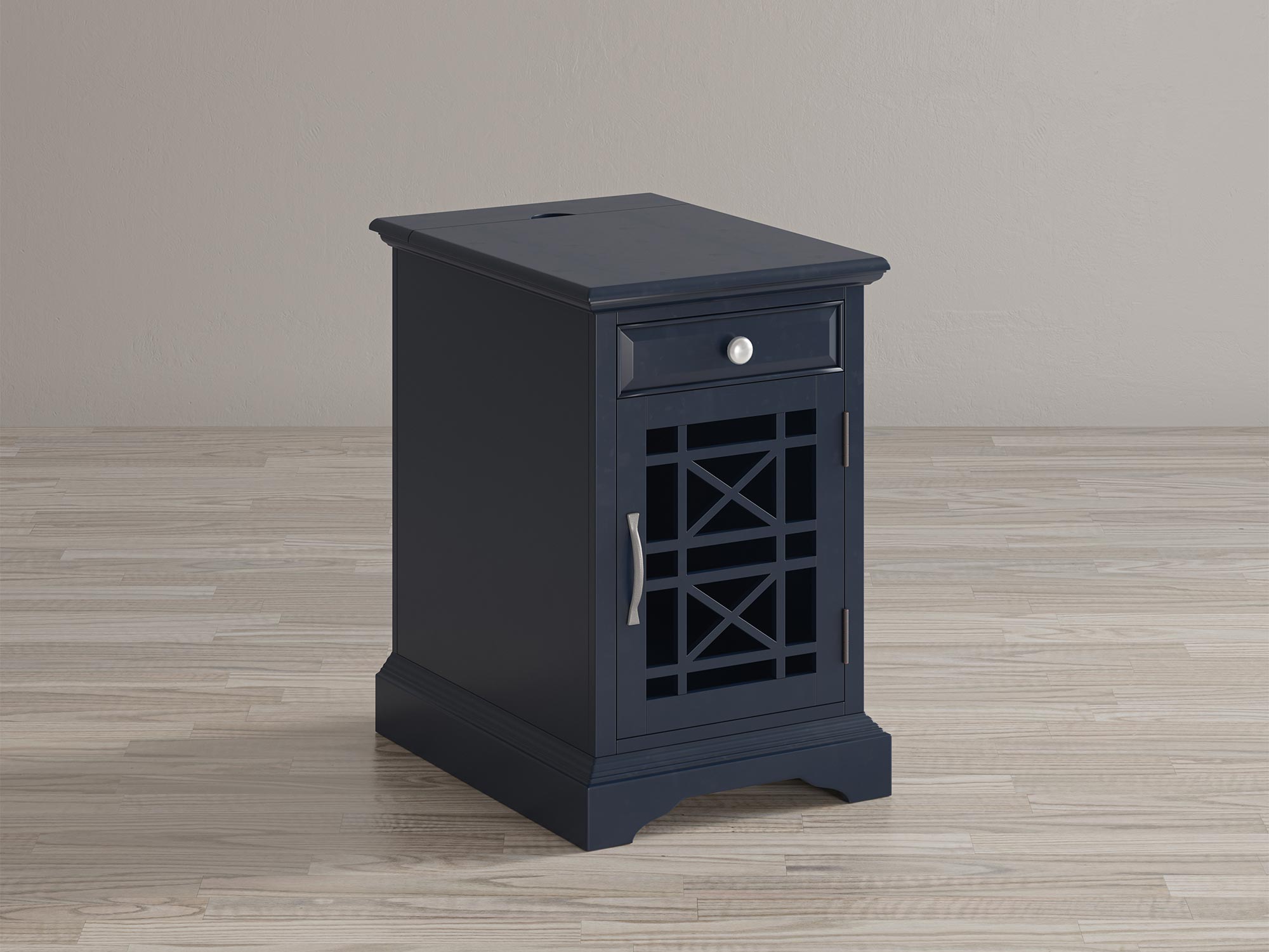 Szafka nocna w kolorze granatowym z ozdobnym frontem