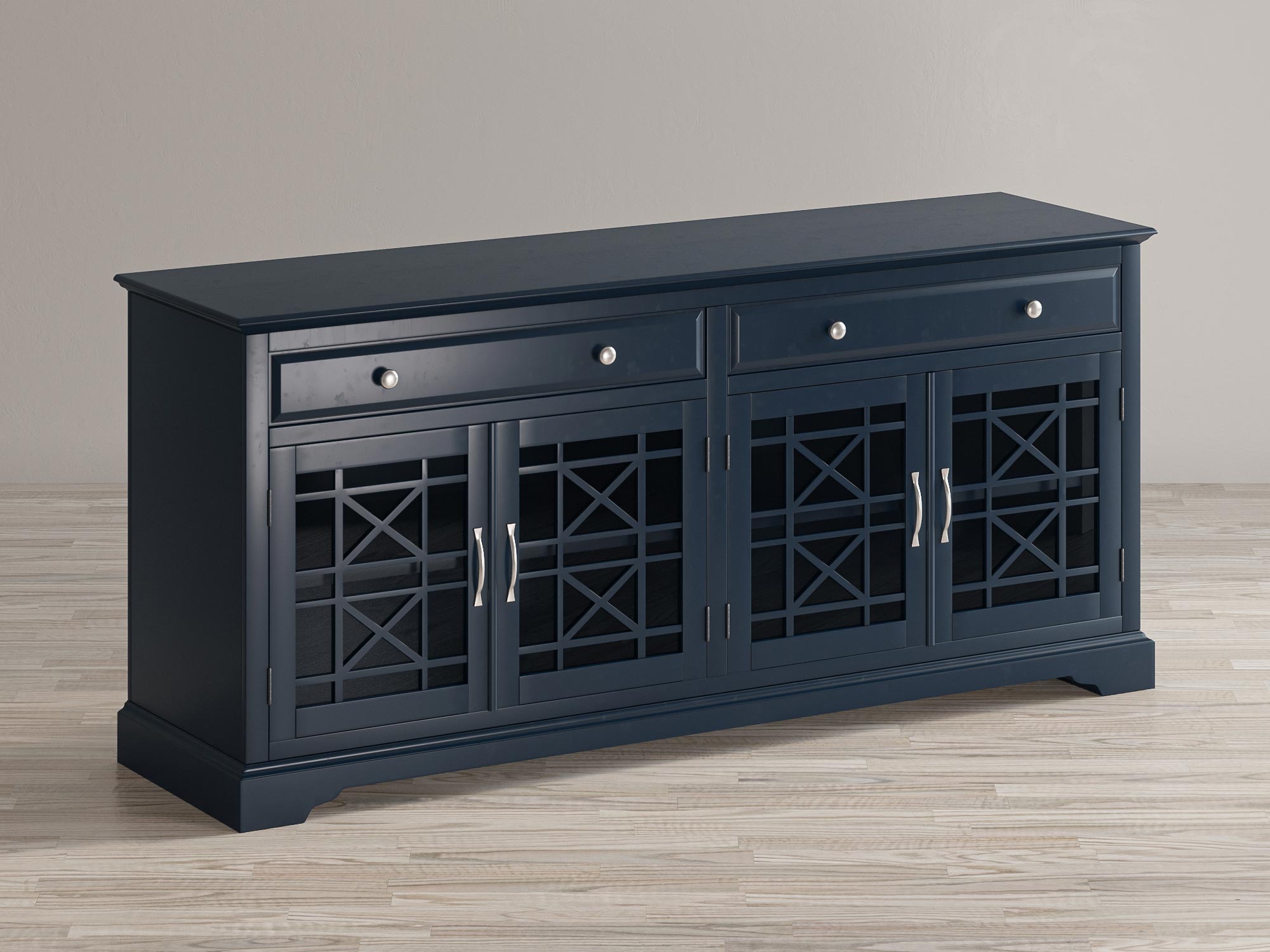 Klasyczna granatowa komoda z przeszklonymi frontami do salonu
