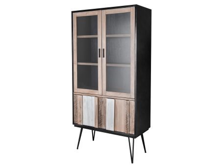Drewniana witryna z dekoracyjnymi frontami i przeszklonymi drzwiami w stylu industrialnym kolor ciemny brąz