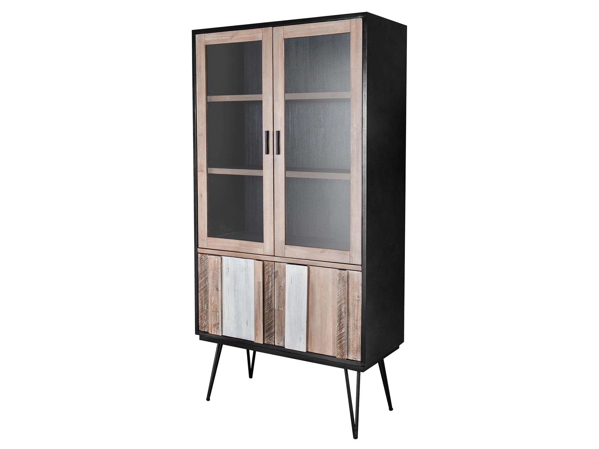 Drewniana witryna z dekoracyjnymi frontami i przeszklonymi drzwiami w stylu industrialnym kolor ciemny brąz