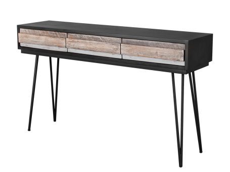 Drewniana konsola z dekoracyjnymi frontami i metalowymi nogami w stylu industrialnym kolor ciemny brąz