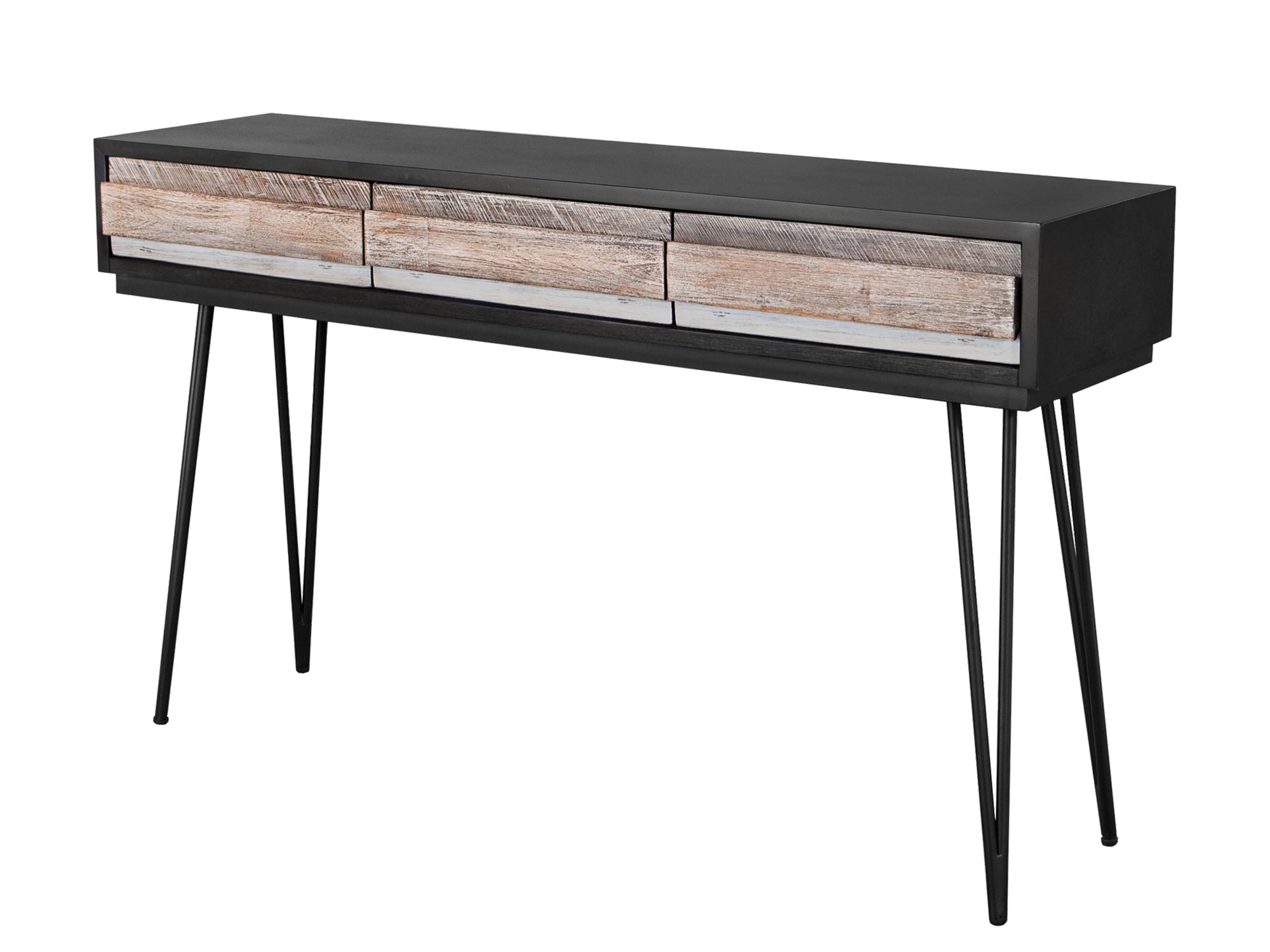 Drewniana konsola z dekoracyjnymi frontami i metalowymi nogami w stylu industrialnym kolor ciemny brąz