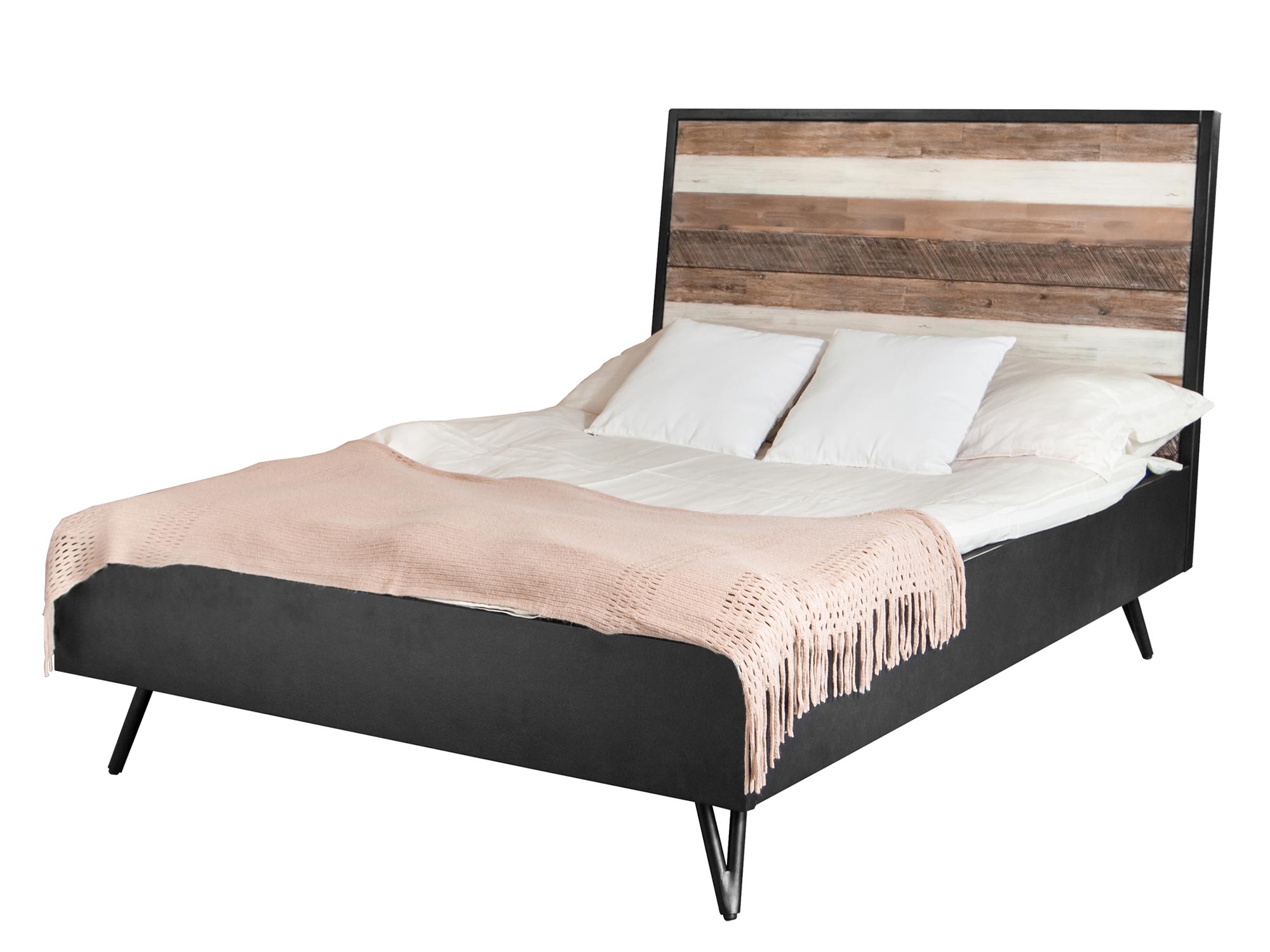 Drewniane łóżko z dekoracyjnym zagłówkiem w stylu industrialnym kolor naturalny