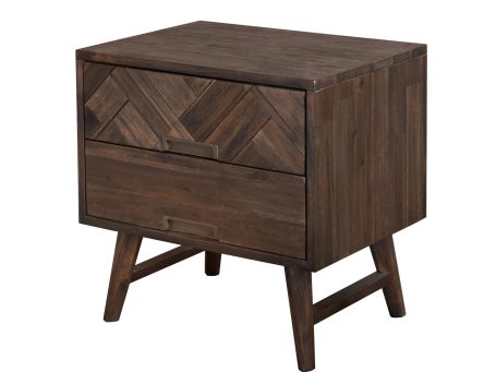 Drewniana szafka nocna z dekoracyjnymi frontami i metalowymi uchwytami w stylu industrialnym kolor ciemny brąz