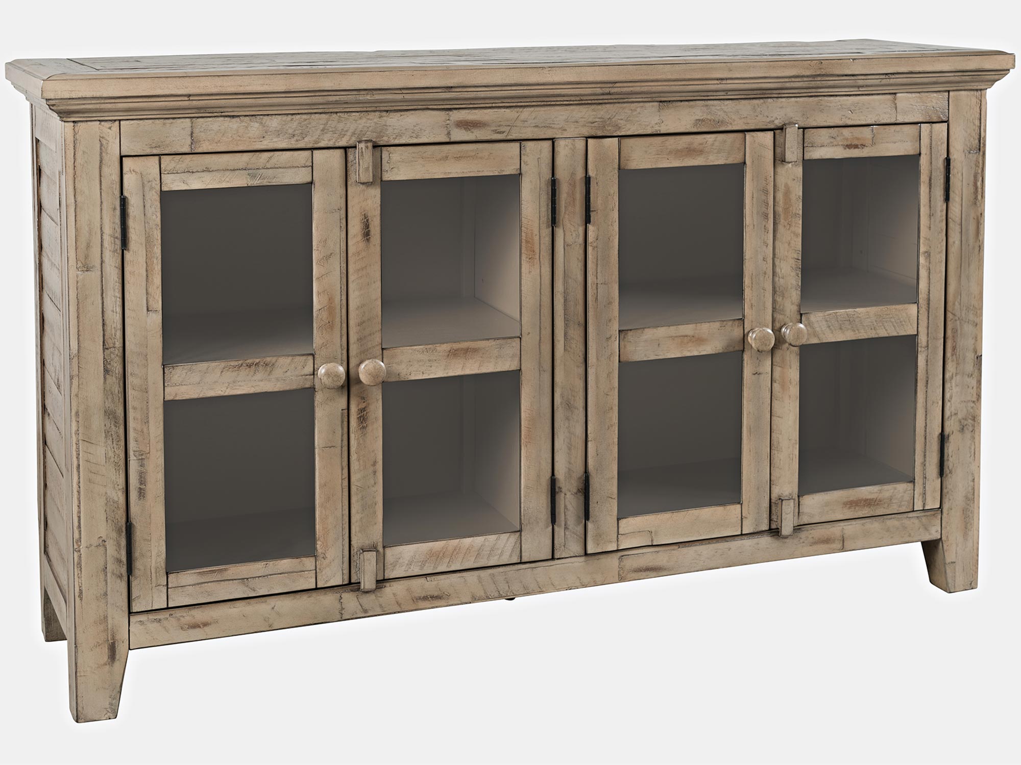 Kredens w stylu rustykalnym z metalowymi uchwytami i przeszklonymi drzwiami