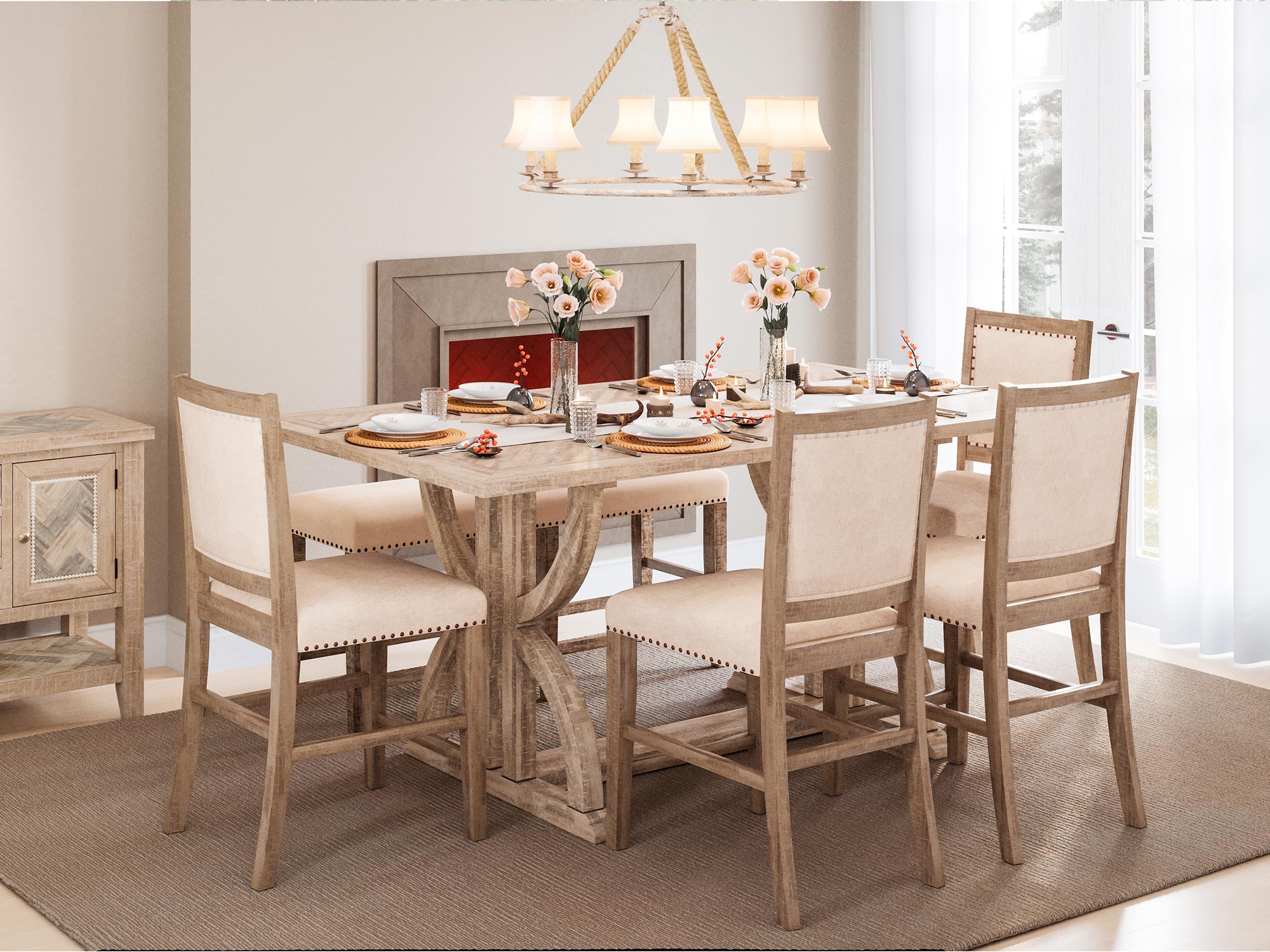 Zestaw mebli do jadalni w stylu klasycznym z tapicerowanymi krzesłami