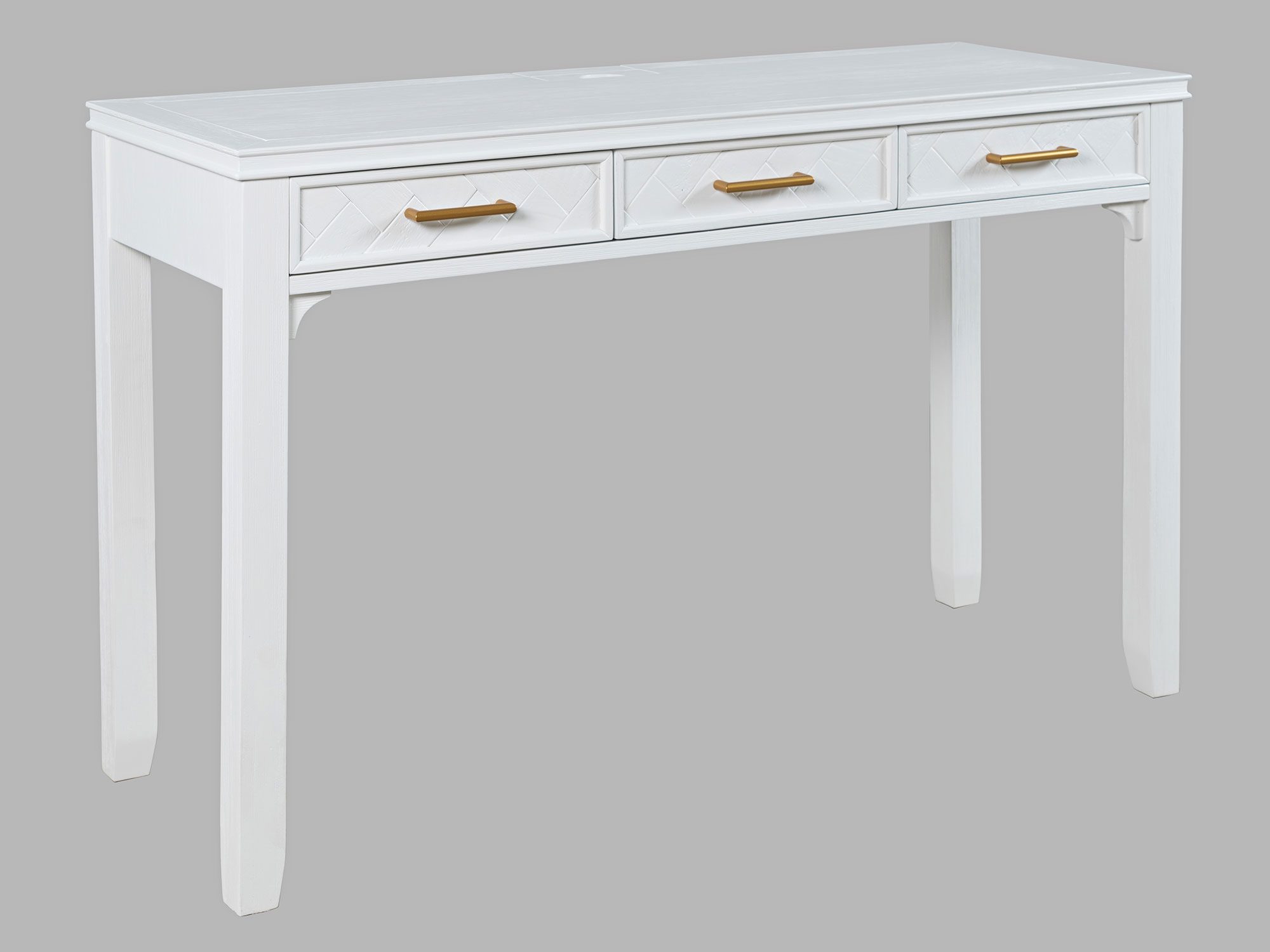 Konsola z białym frontem w jodełkę i złotymi uchwytami