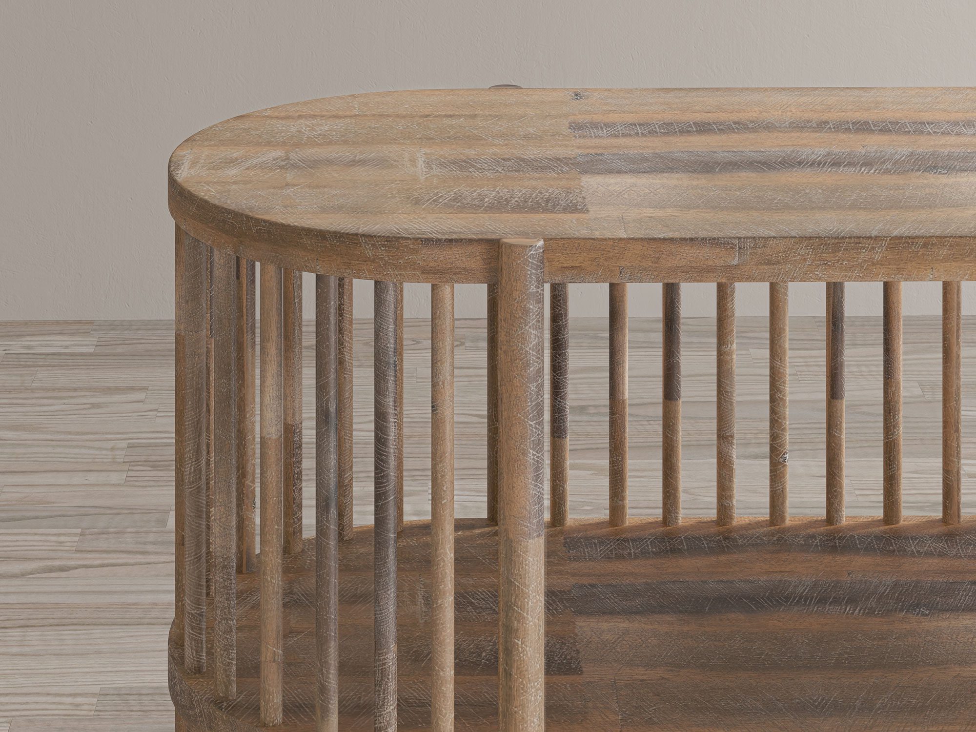 Półokrągły regał z naturalnego drewna do eleganckich wnętrz