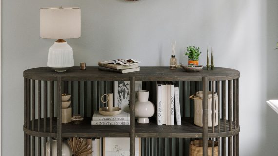 Miniaturka 5 - Półokrągły regał z drewnianymi półkami do nowoczesnych wnętrz