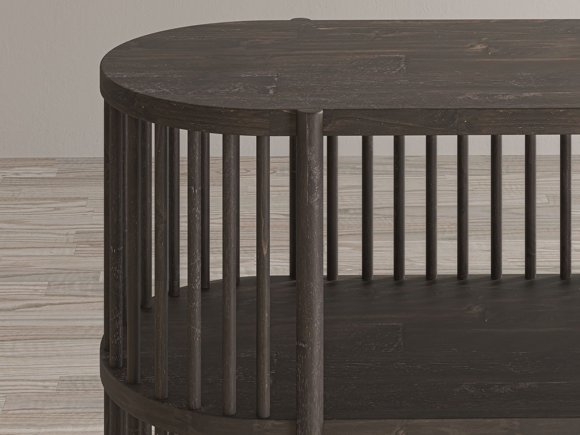 Półokrągły regał z naturalnego drewna do eleganckich wnętrz Półokrągły regał z naturalnego drewna do eleganckich wnętrz