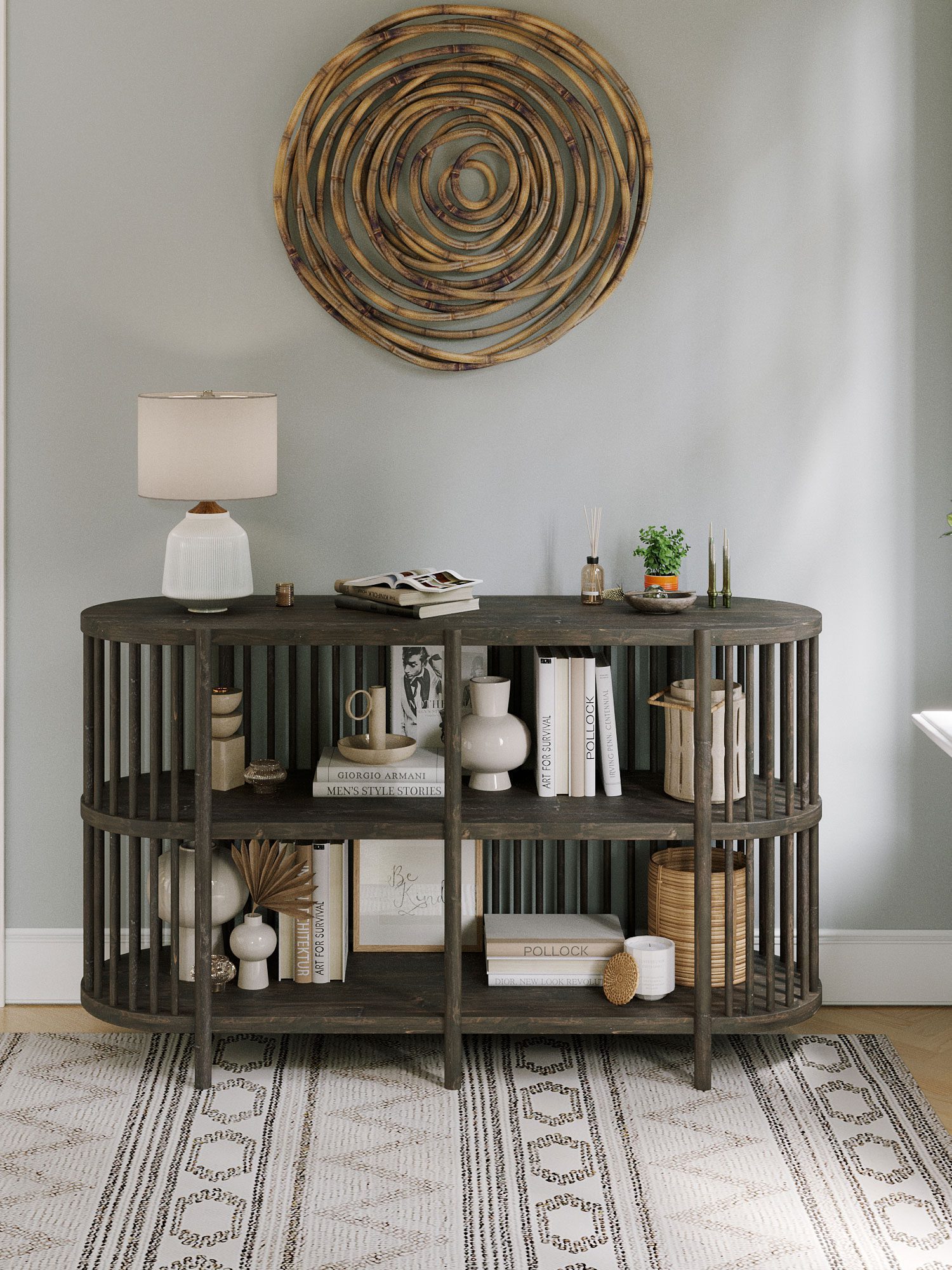 Półokrągły regał z drewnianymi półkami do nowoczesnych wnętrz Półokrągły regał z drewnianymi półkami do nowoczesnych wnętrz