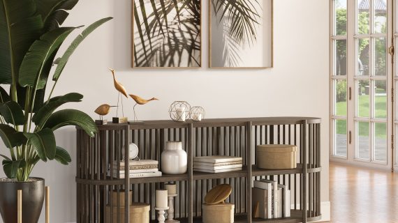 Miniaturka 3 - Stylowy regał z drewnianymi półkami i metalowymi elementami