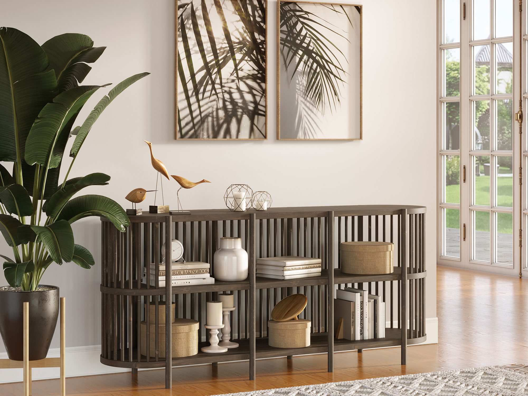 Stylowy regał z drewnianymi półkami i metalowymi elementami Stylowy regał z drewnianymi półkami i metalowymi elementami