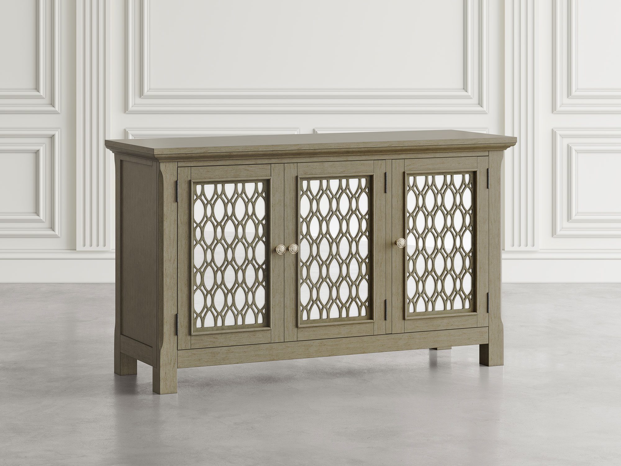 Beżowa komoda z ozdobnymi frontami do eleganckiego salonu