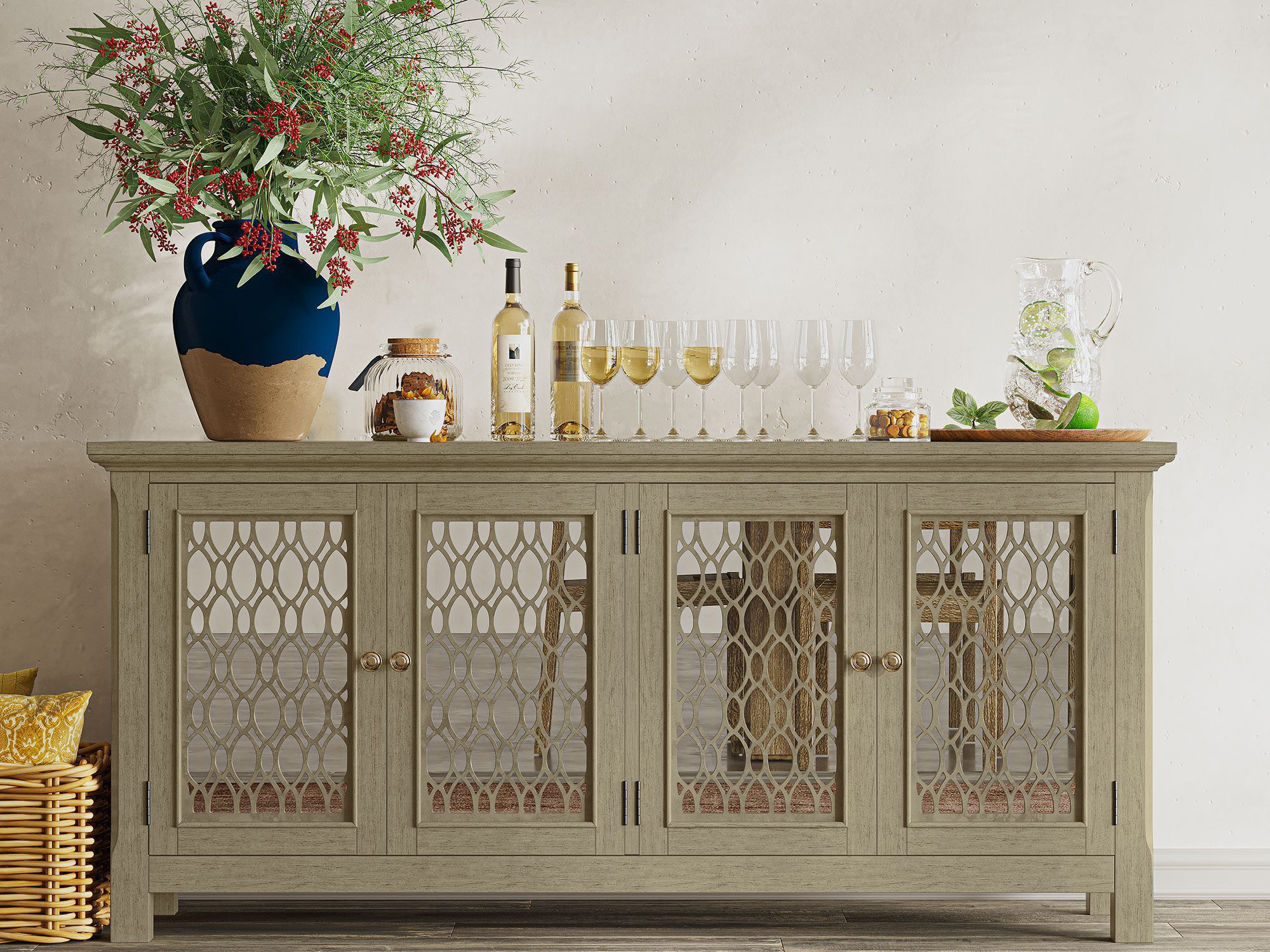 Komoda w stylu vintage z ażurowymi drzwiami do eleganckiego salonu