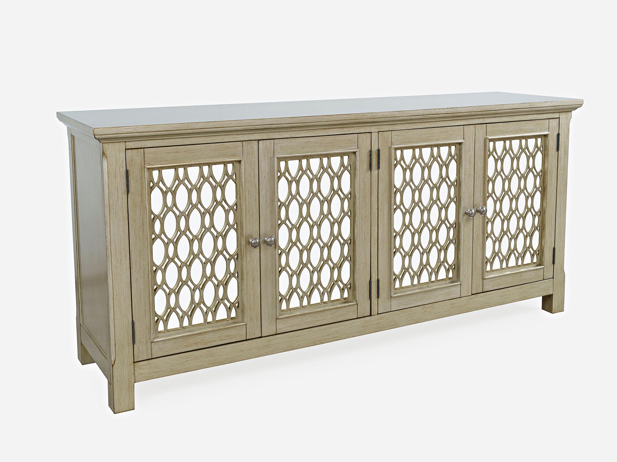 Komoda do salonu z drewnianymi drzwiami i ozdobnymi panelami