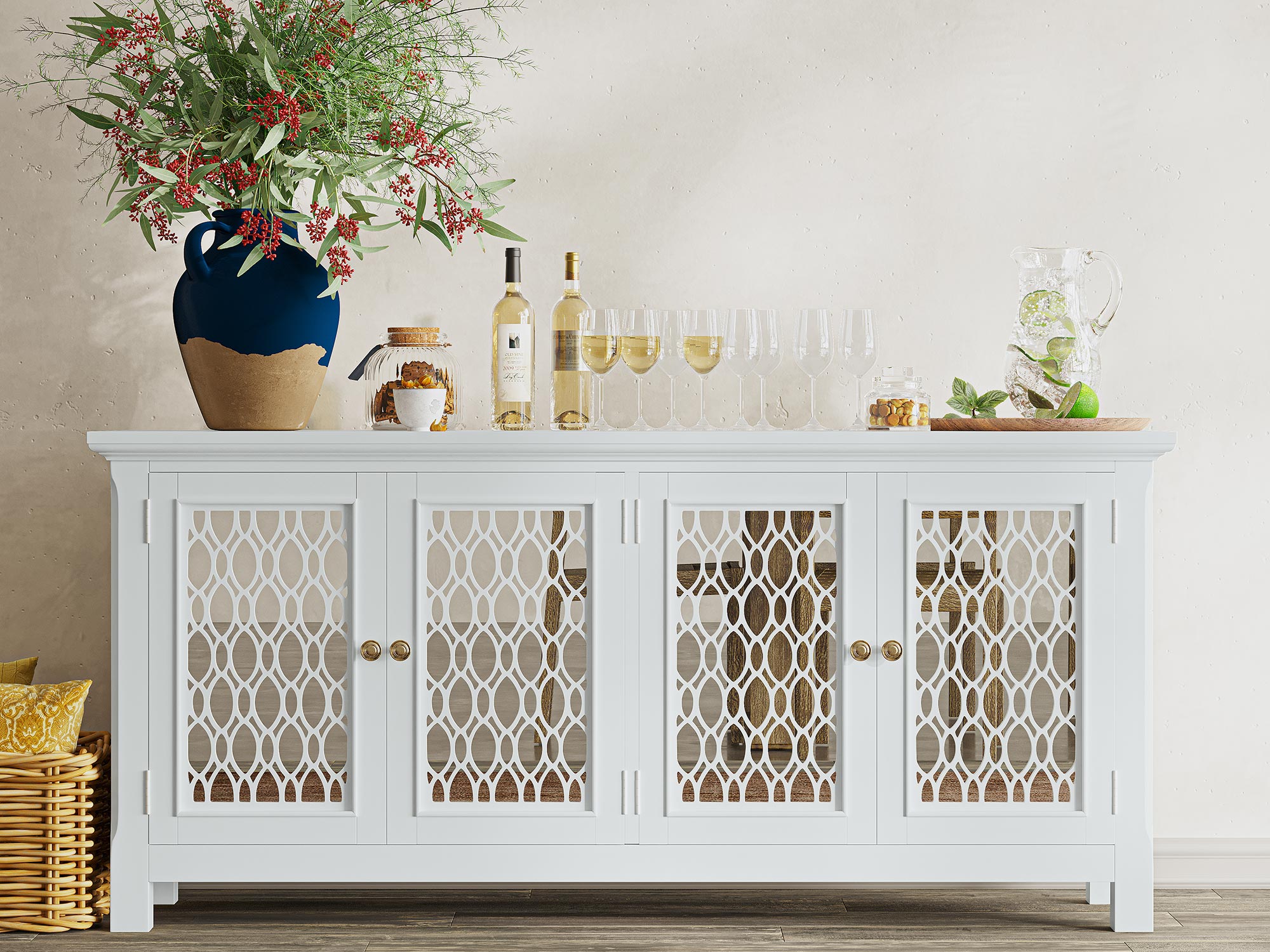 Biała komoda z rzeźbionymi drzwiami w stylu glamour do salonu