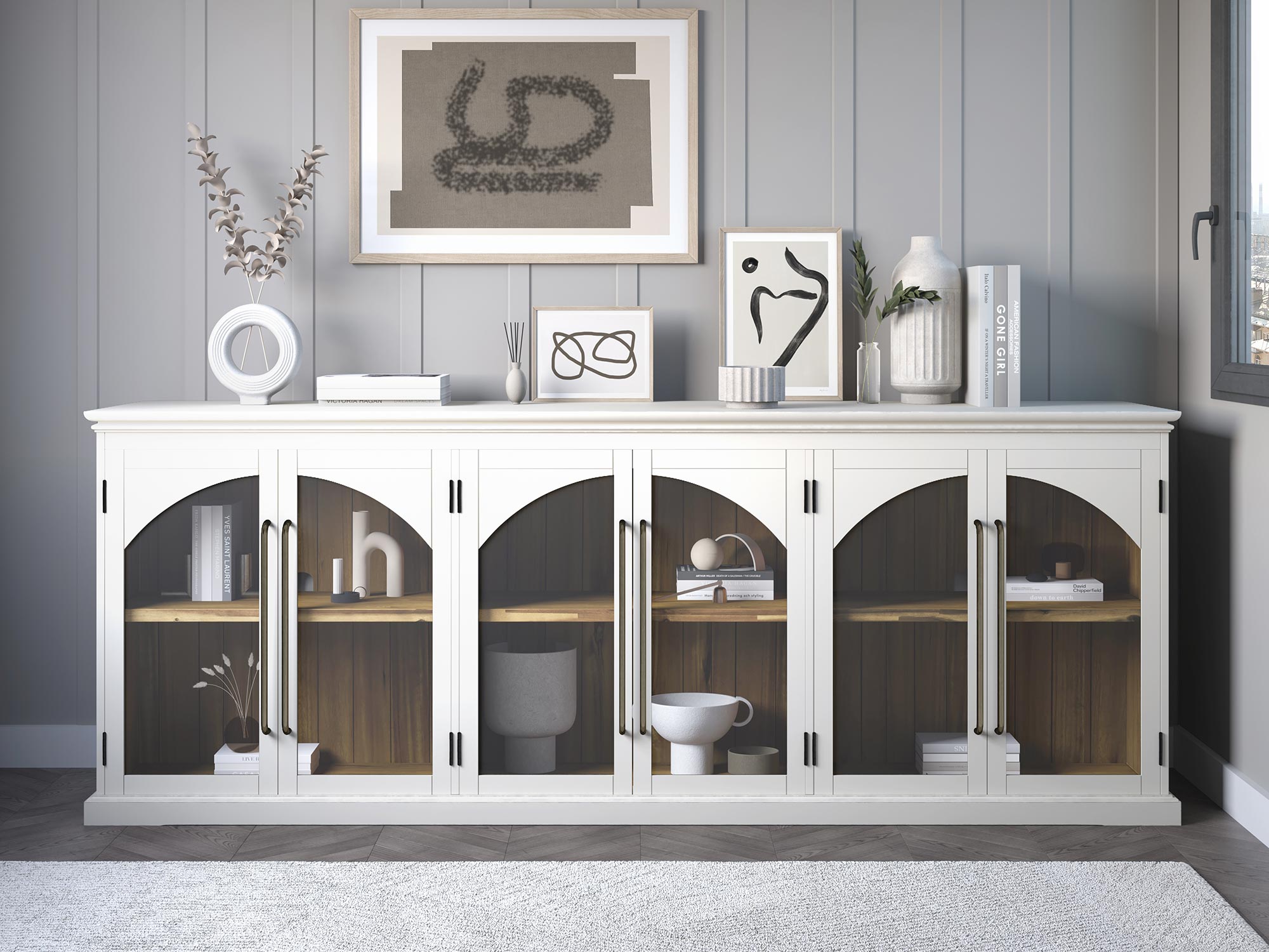 Biała witryna z przeszklonymi drzwiami w stylu francuskim