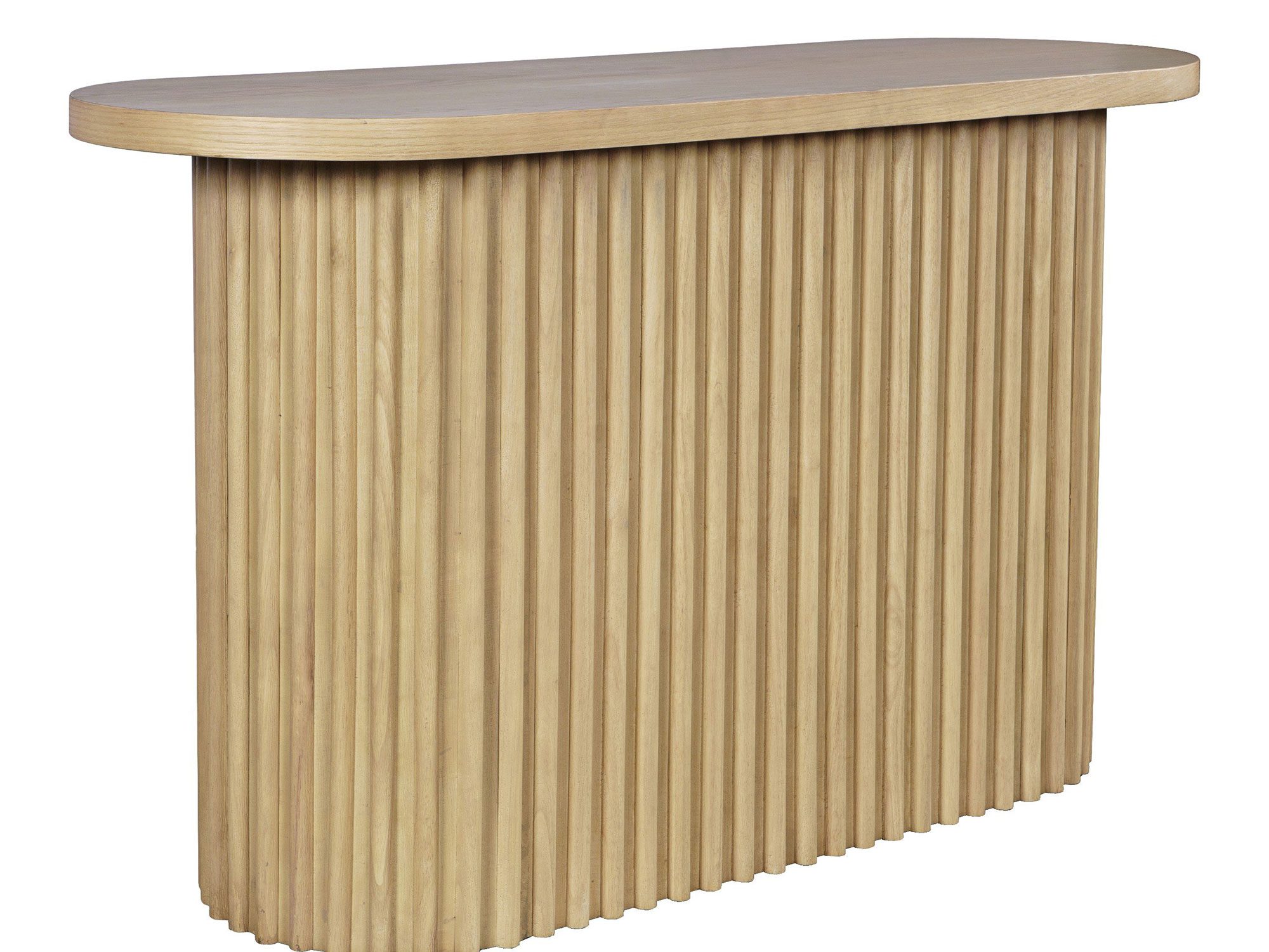Drewniana konsola w stylu skandynawskim z pionowymi żebrami