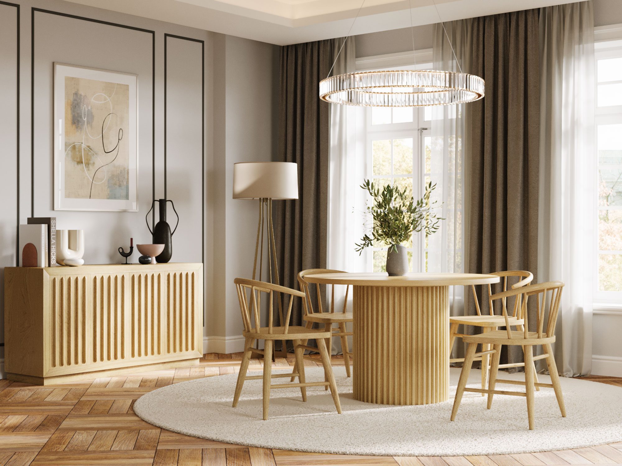 Elegancka jadalnia w stylu skandynawskim z okrągłym stołem Elegancka jadalnia w stylu skandynawskim z okrągłym stołem